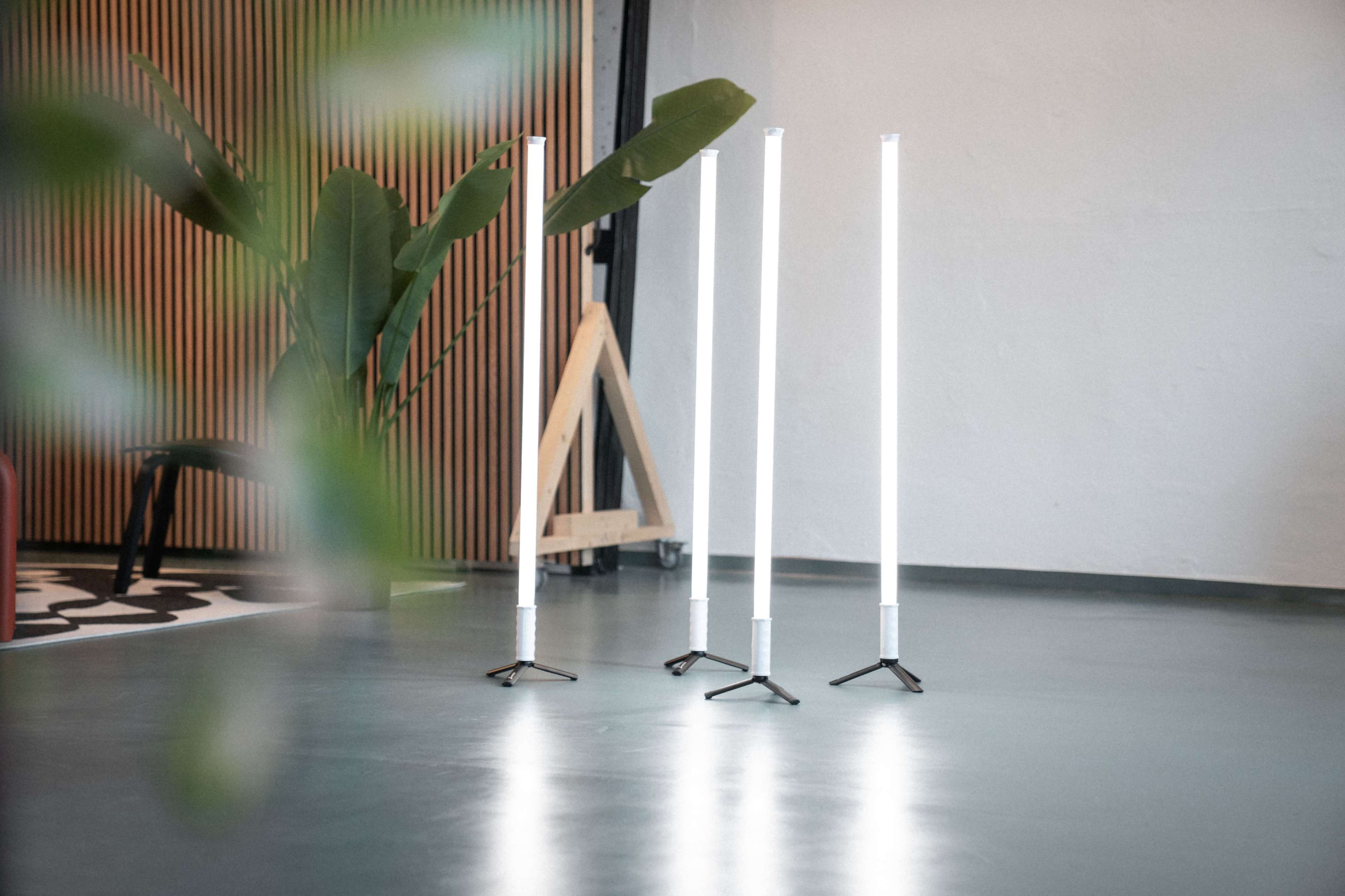 Three tall, freestanding LED lights are positioned on a smooth floor beside a large green plant, with a wooden structure partially visible in the background.