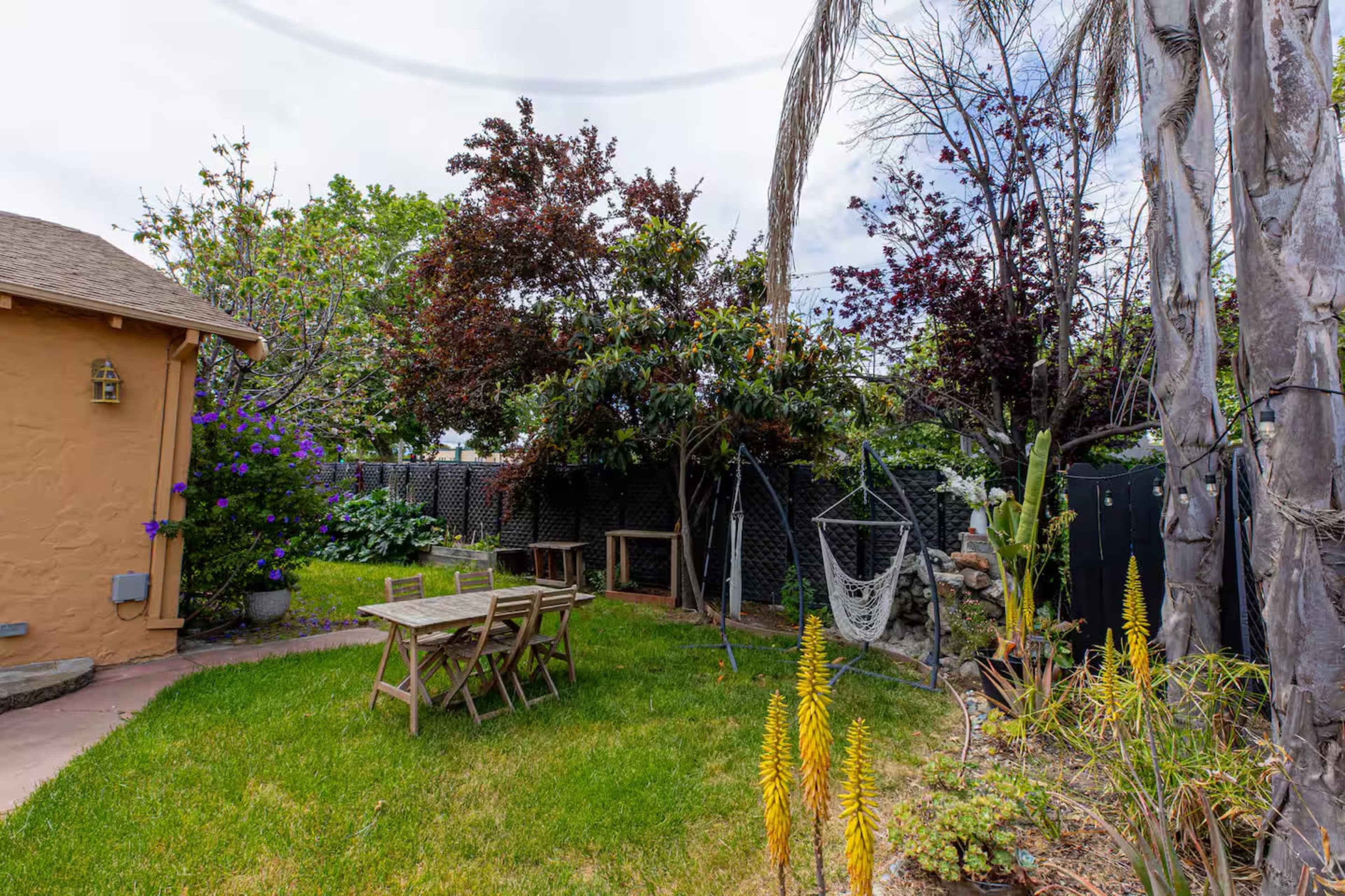 The image shows a backyard with green grass, a wooden table and chairs, various trees, and a hammock.