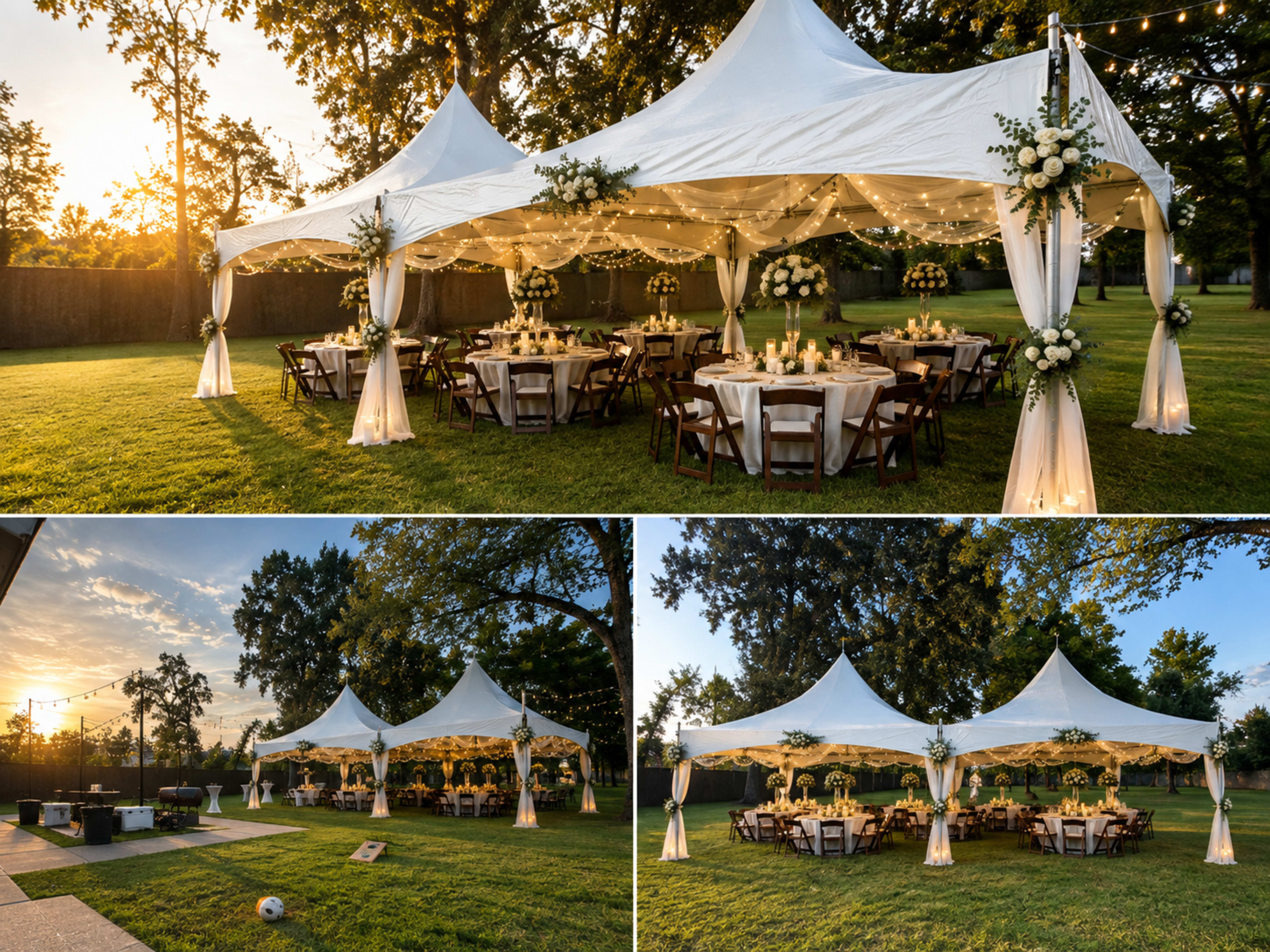 The image shows a large white tent set up in a grassy area, adorned with floral arrangements and draped fabric, with tables arranged inside and string lights hanging above.