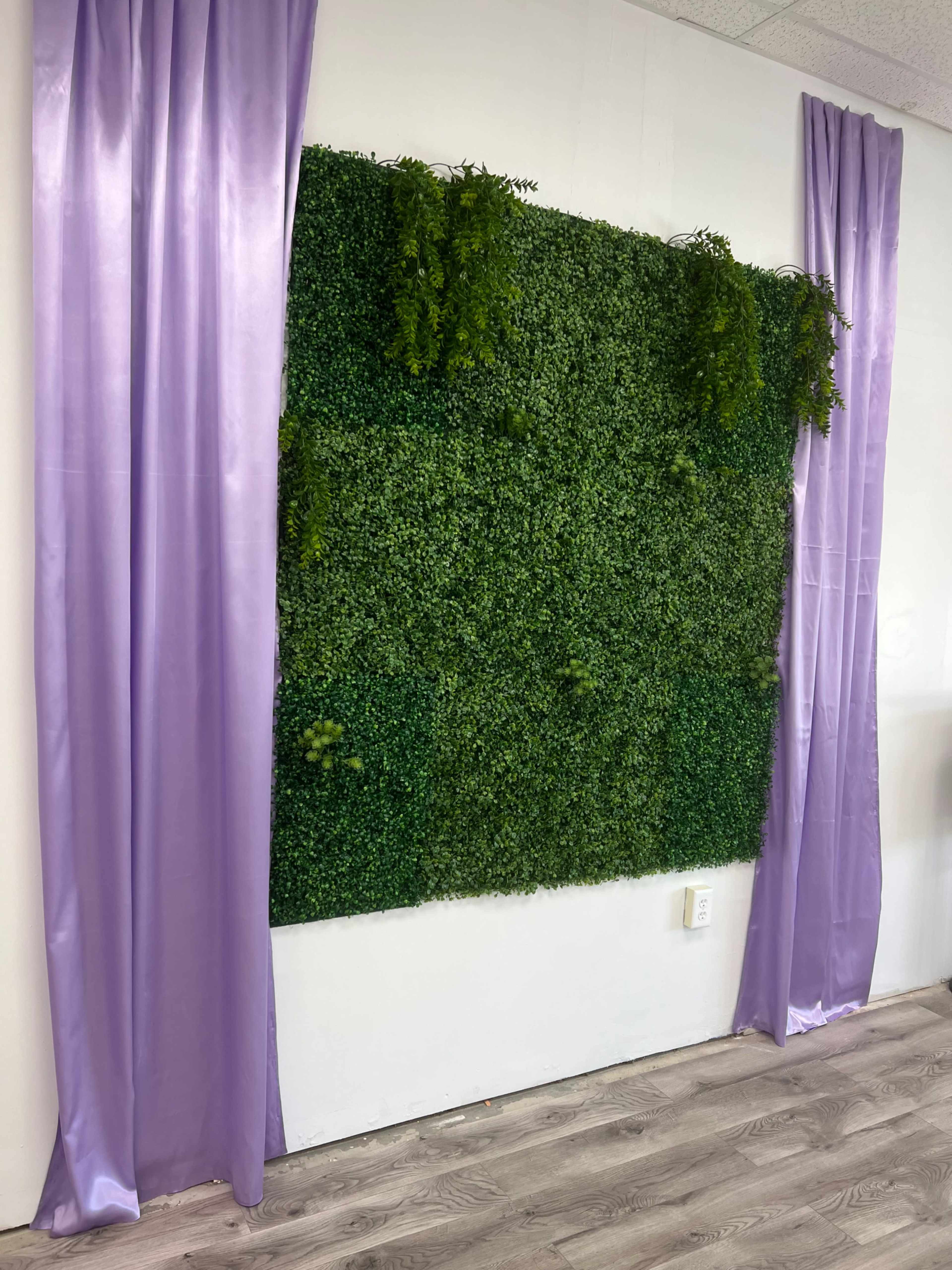 A green wall covered with artificial foliage, flanked by purple curtains on either side.