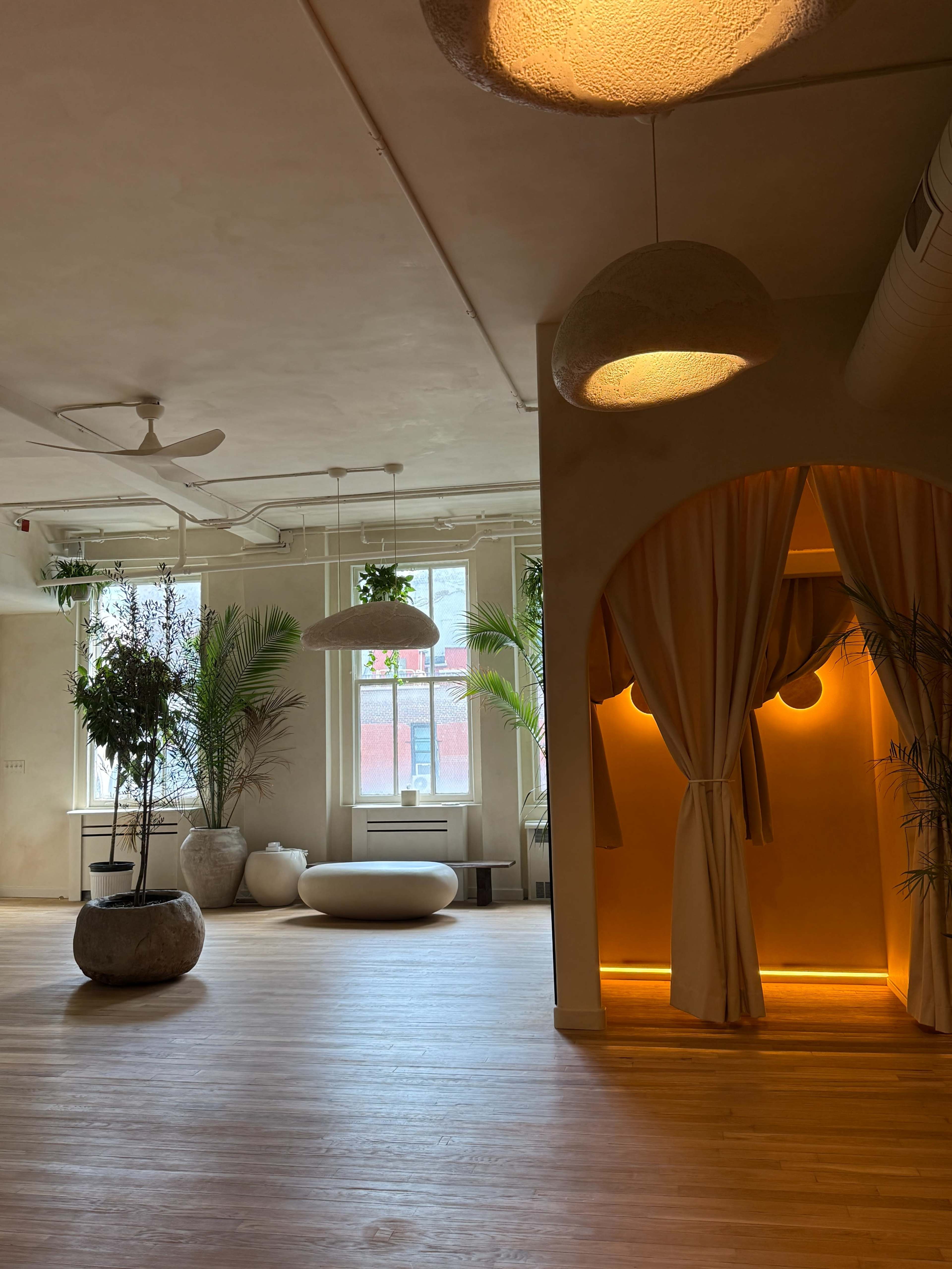 The image shows a spacious, modern interior with wooden flooring, hanging light fixtures, potted plants, and a curtained alcove.