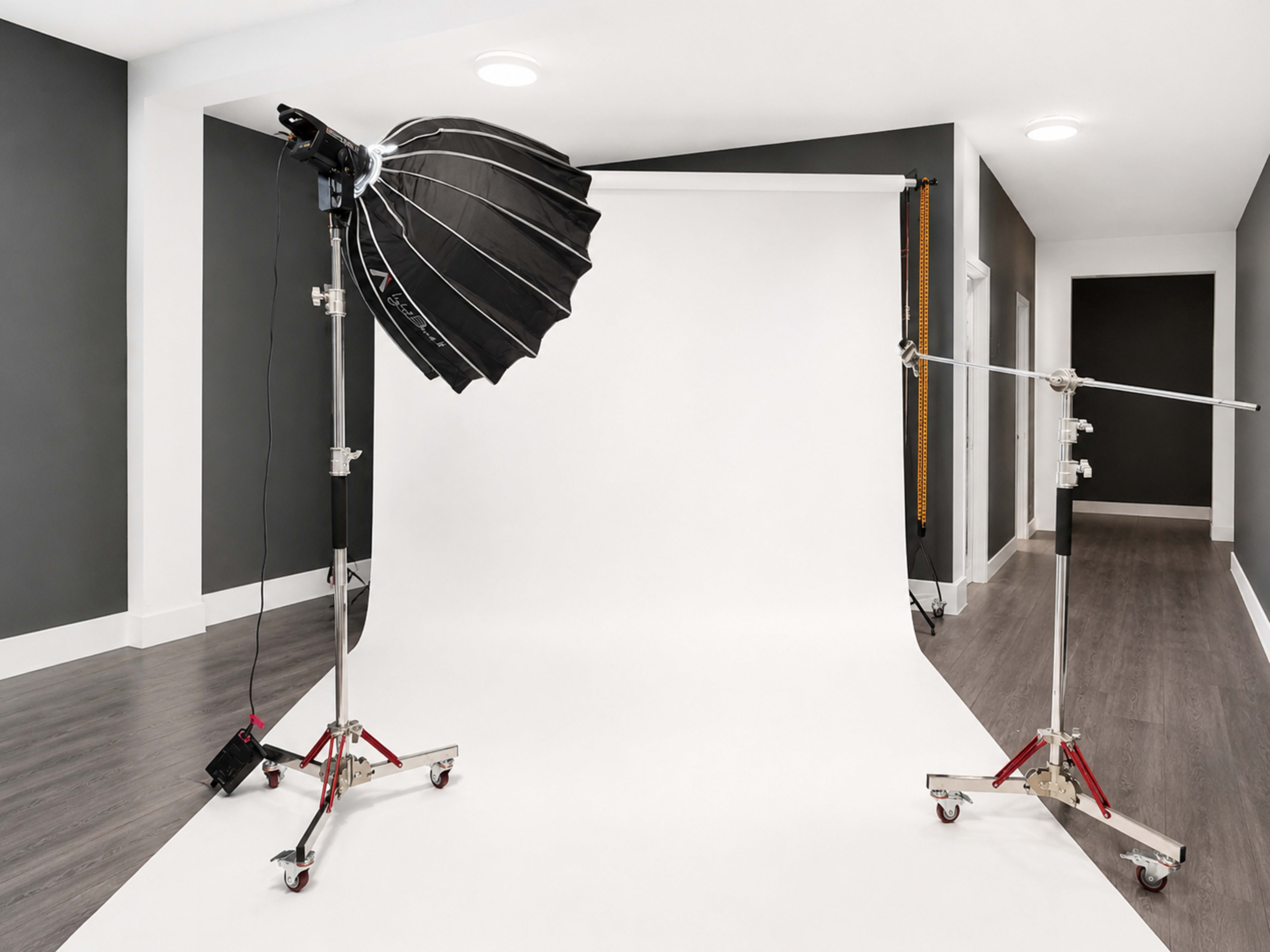 The image shows a photography studio with a white backdrop, a large umbrella light, and light stands on a wooden floor.