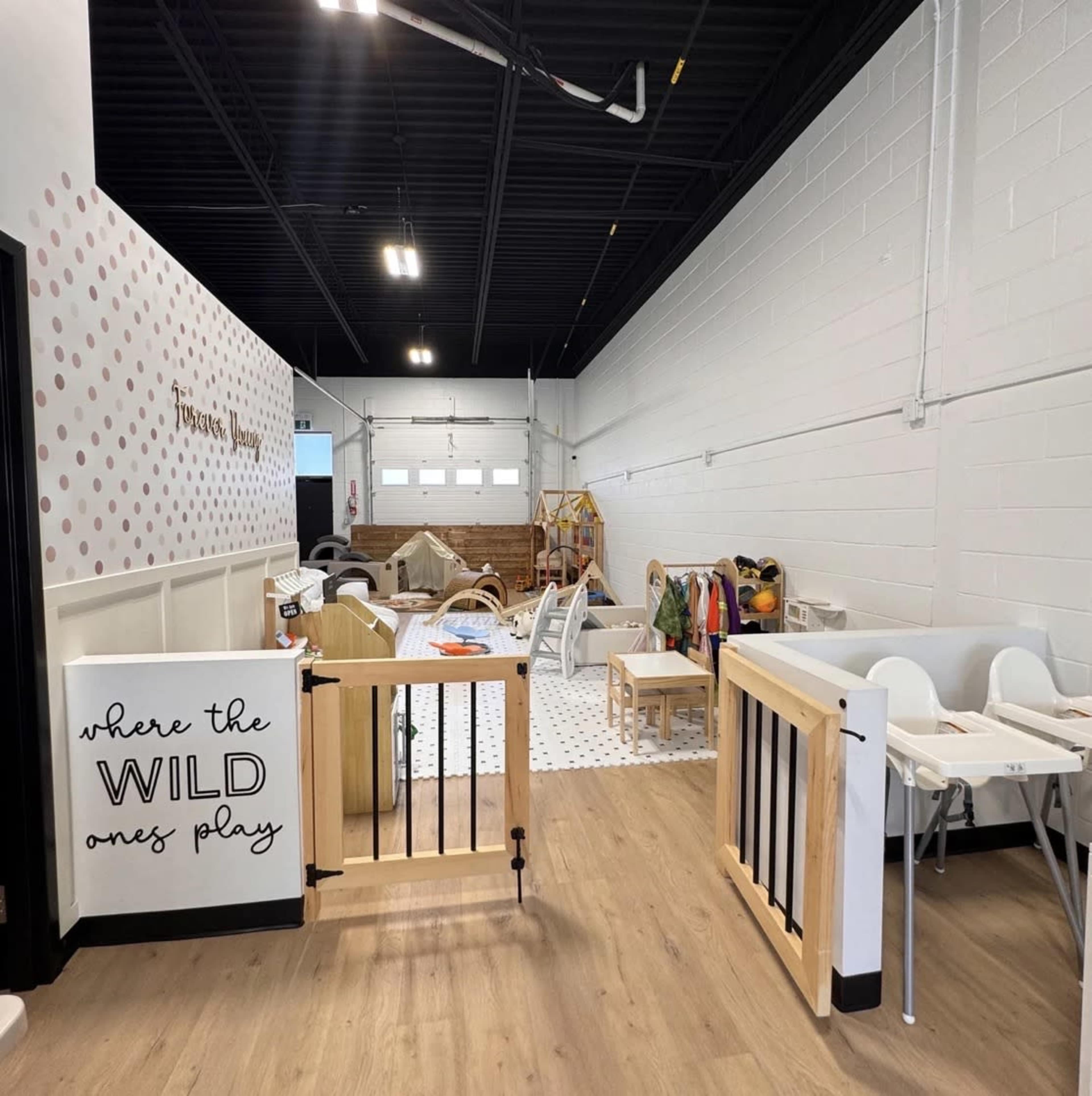 The image shows a play area designed for children, featuring various play structures, toys, and a gated entrance.