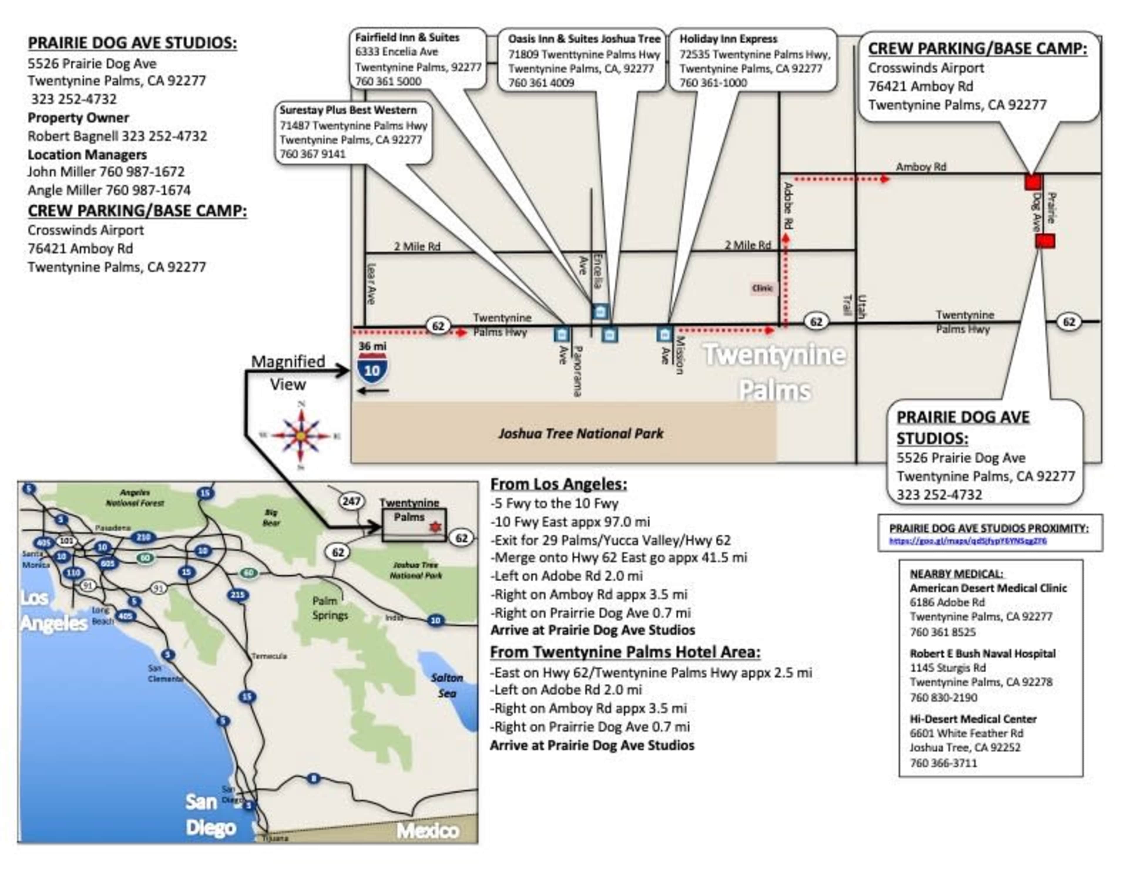 A map featuring locations, routes, and contact information for Prairie Dog Ave Studios and Crew Parking/Base Camp in Twentynine Palms, California, along with a regional map showing proximity to Los Angeles and San Diego.