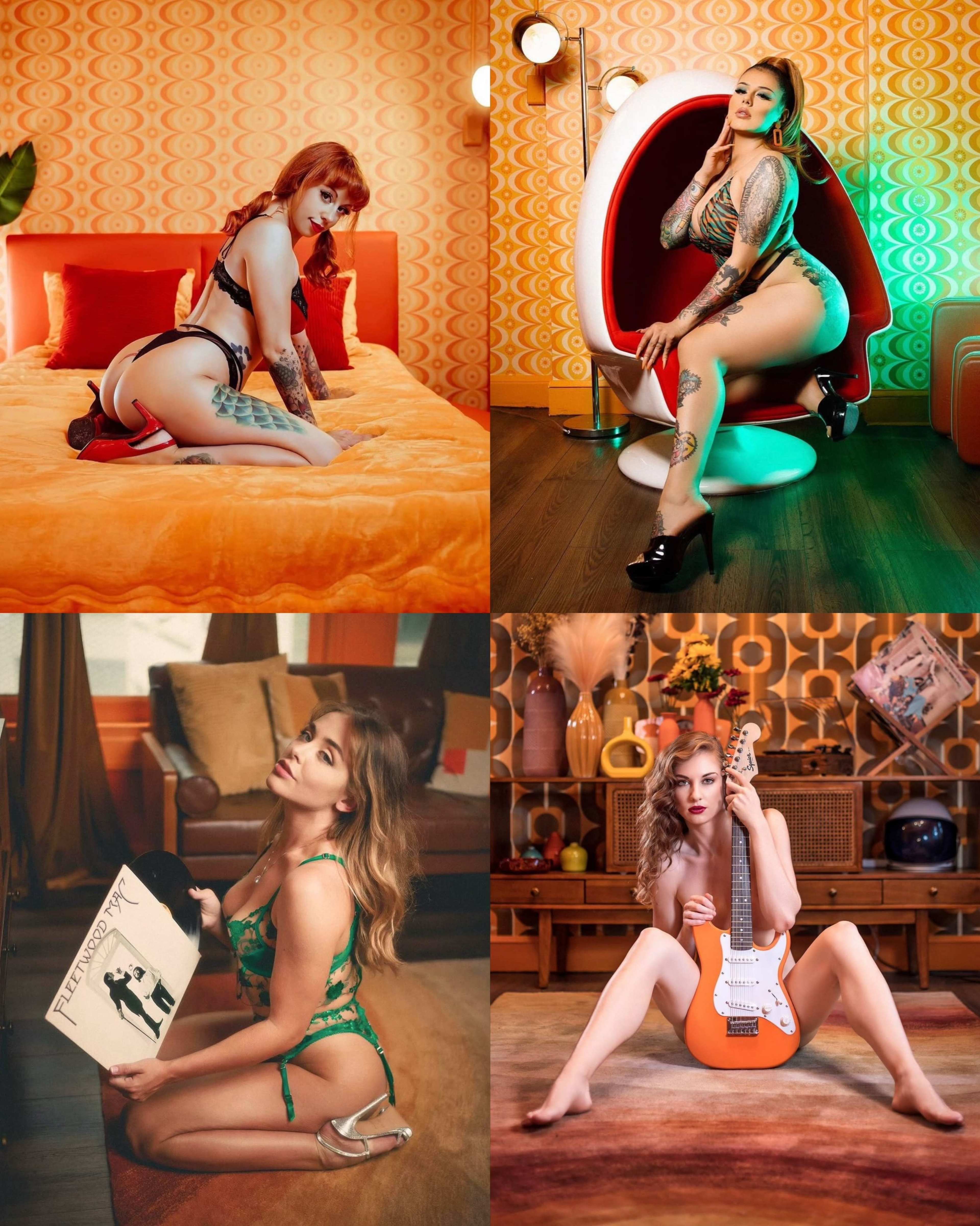 Four pin-up style photos of women posing in retro-themed settings, each showcasing different outfits and props.