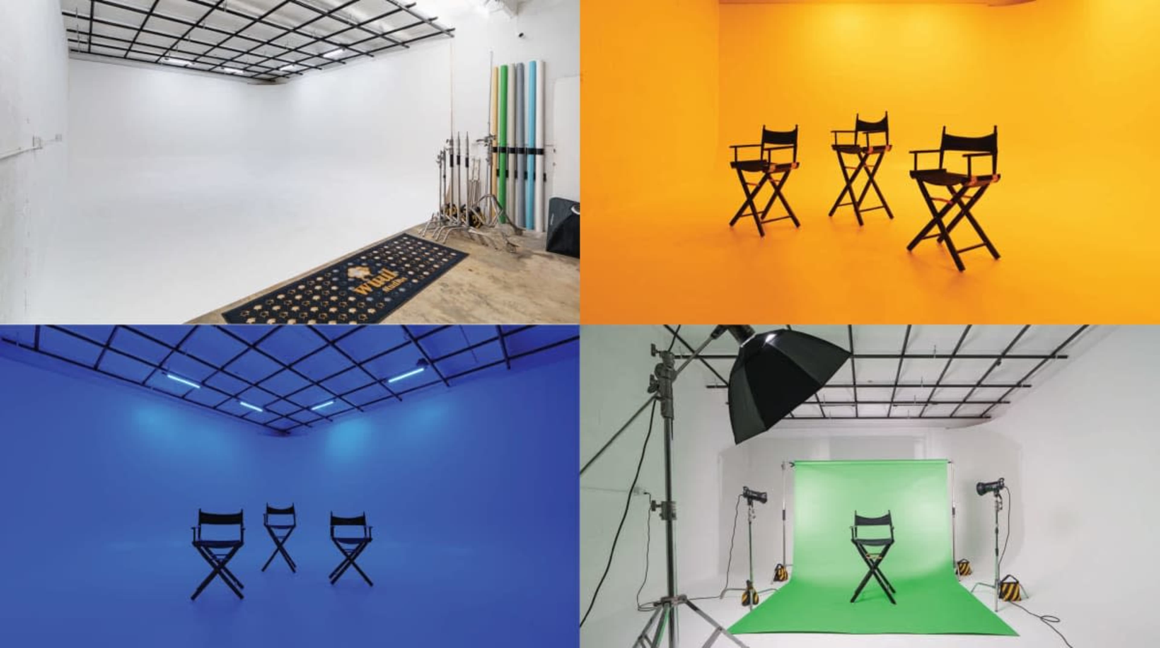 The image shows four studio setups, each featuring empty director's chairs against various solid-colored backgrounds: white, orange, blue, and green.