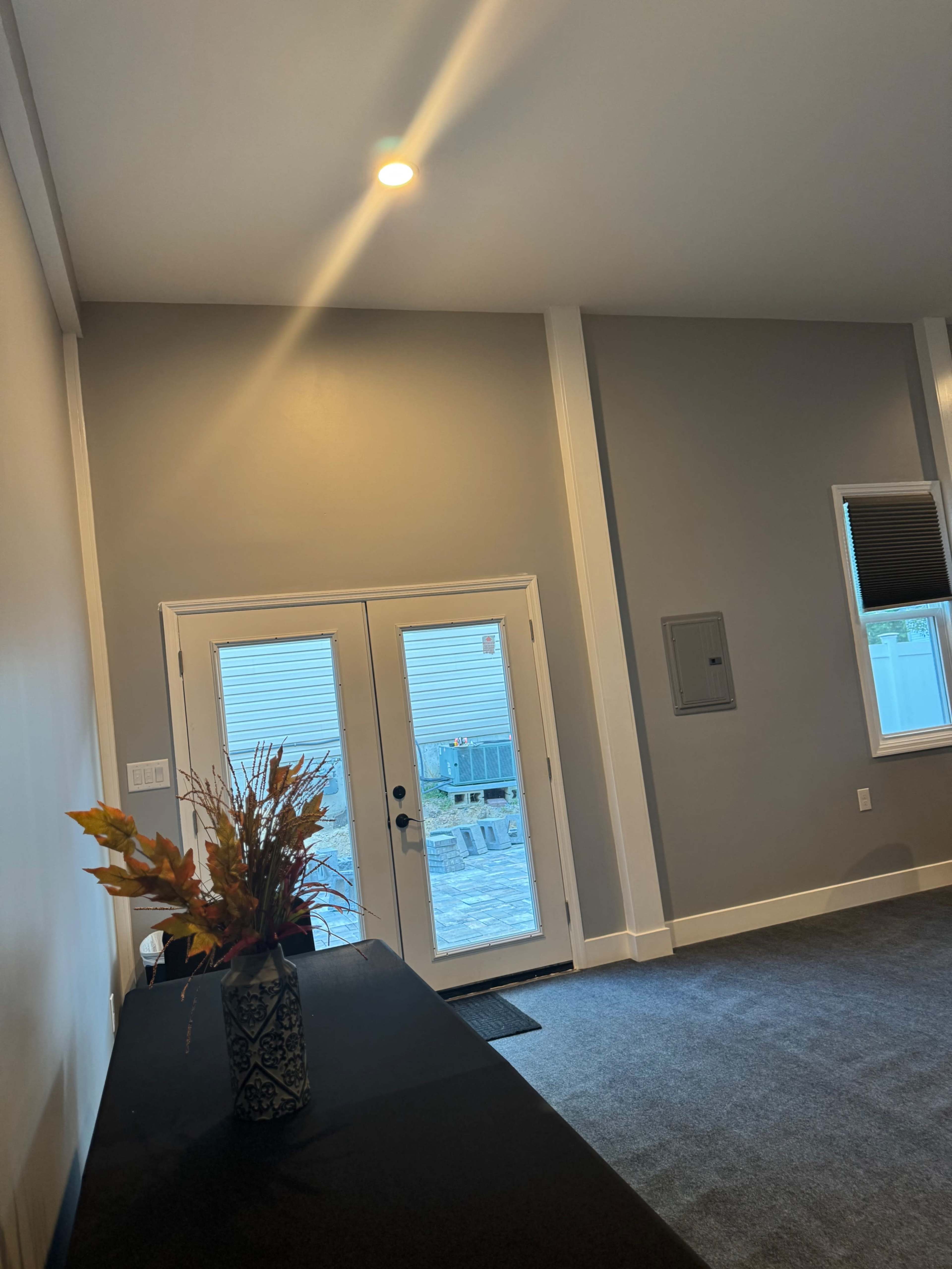 The image shows an interior corner of a room with light gray walls, a dark table with a vase of dried flowers, and a pair of double doors leading to an outdoor area.