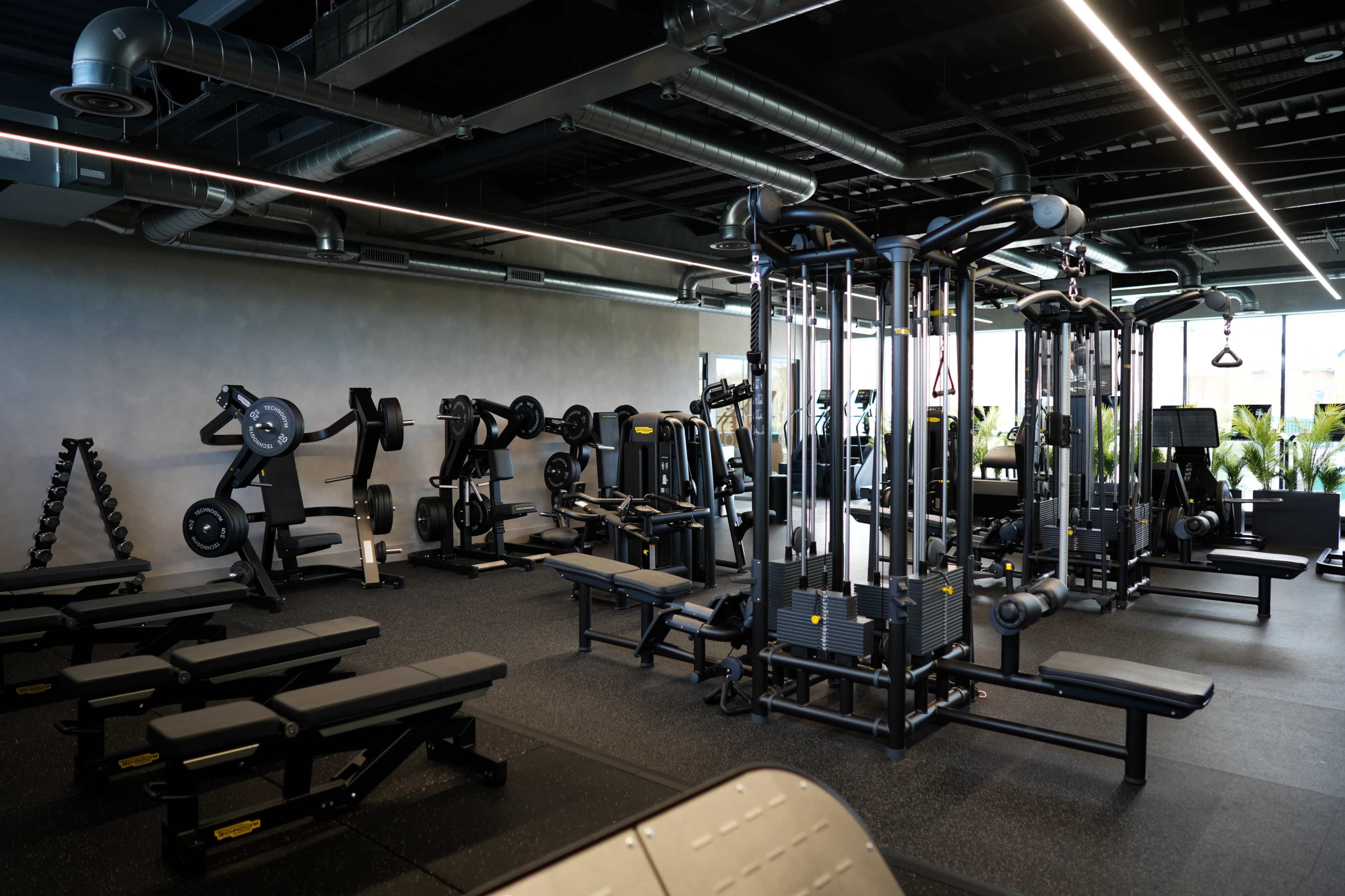 The image shows a modern gym equipped with various weight machines, benches, and free weights arranged neatly in a spacious environment.