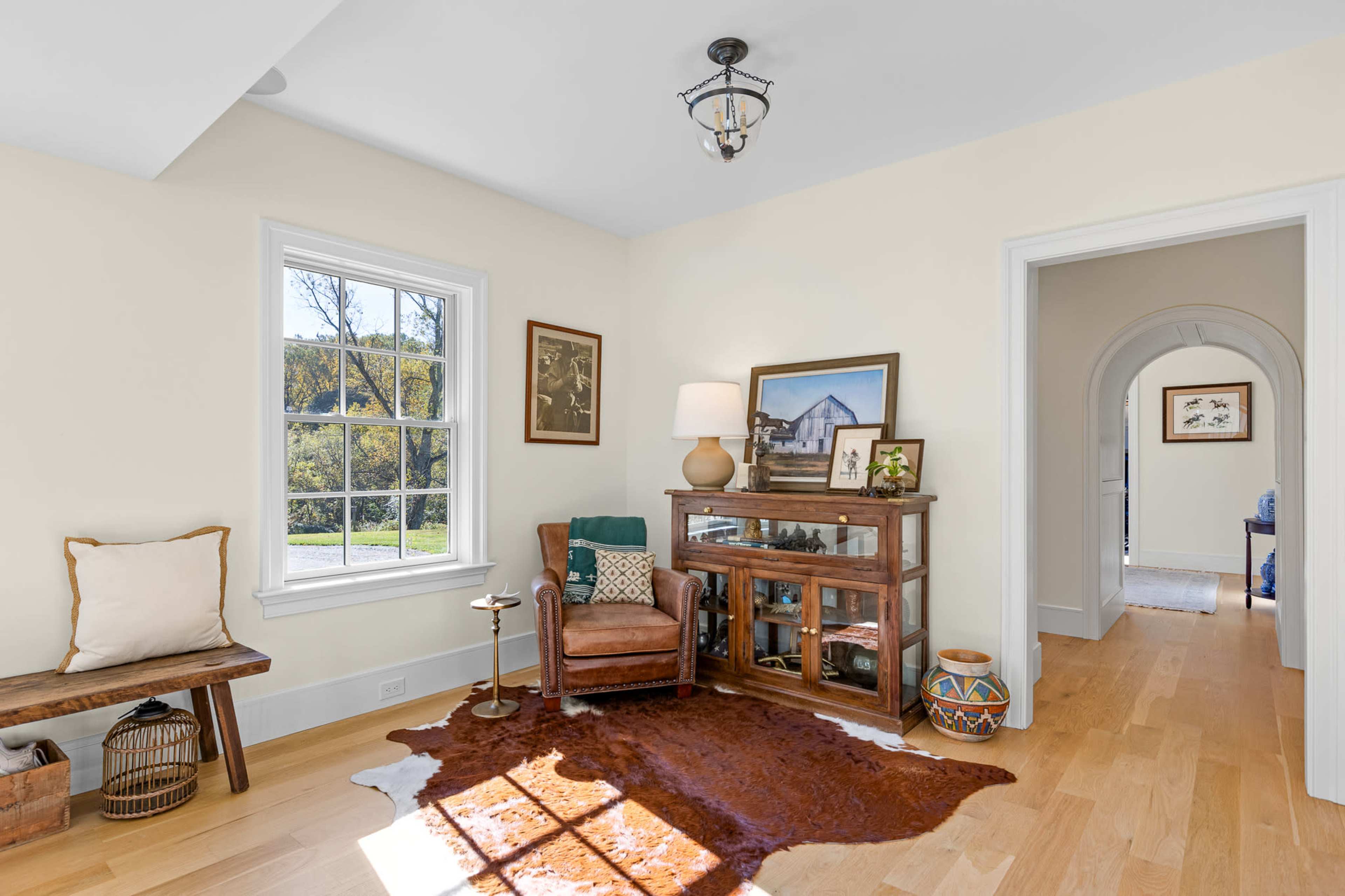 The image shows a well-lit corner of a room featuring a brown leather chair, a wooden cabinet, and a window with a view of greenery outside.