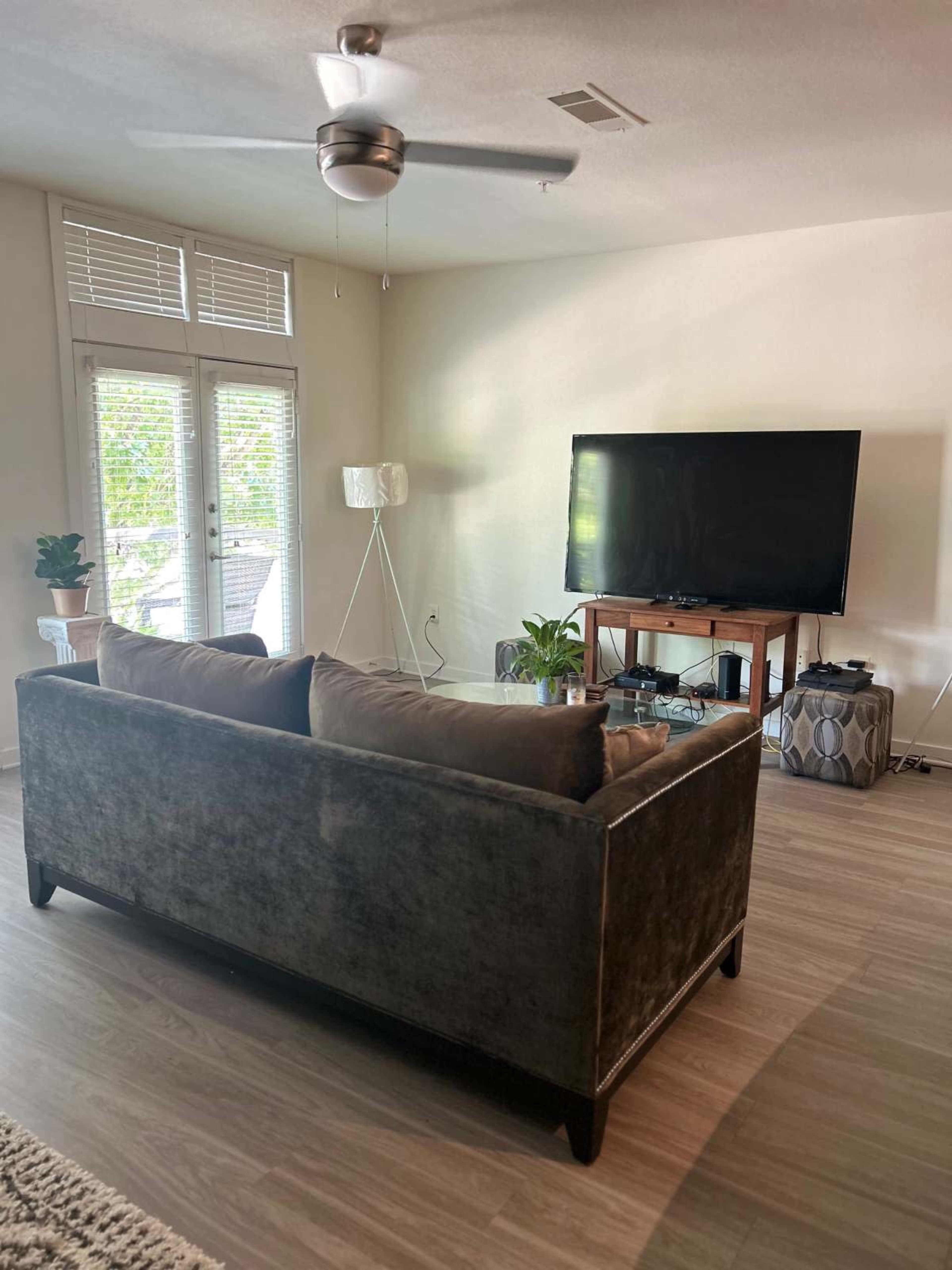 A living room features a dark couch, a television on a wooden stand, and a floor lamp, with large windows letting in natural light.