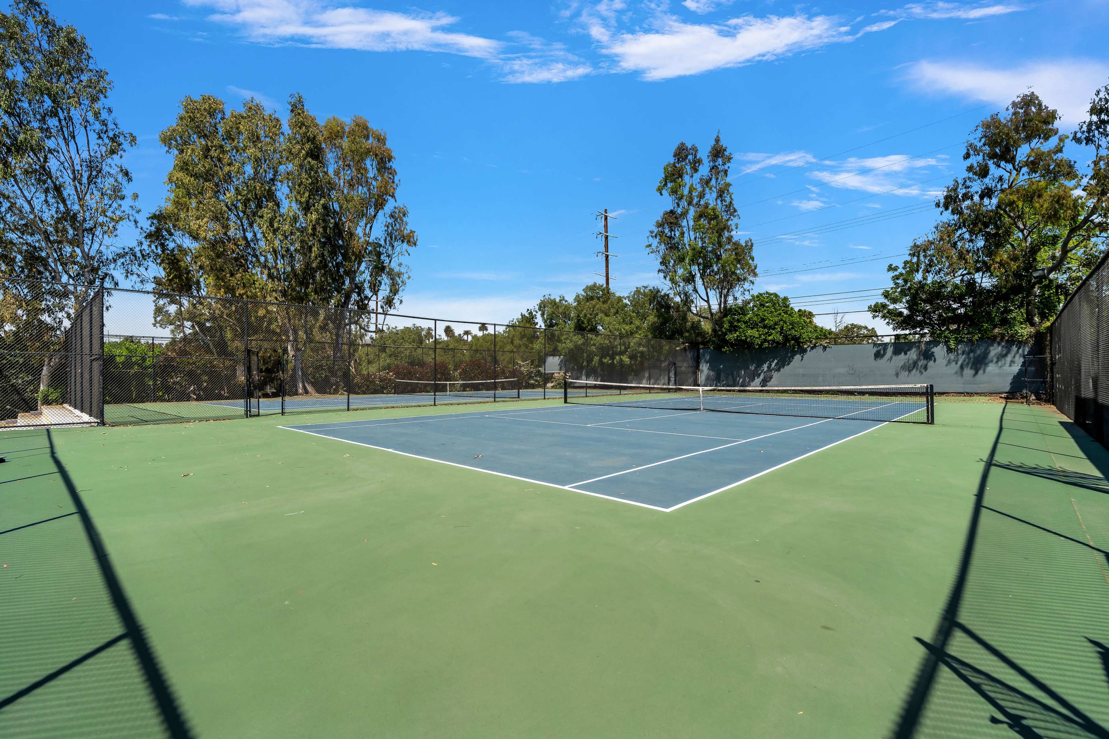 A tennis court surrounded by trees and power lines under a blue sky.