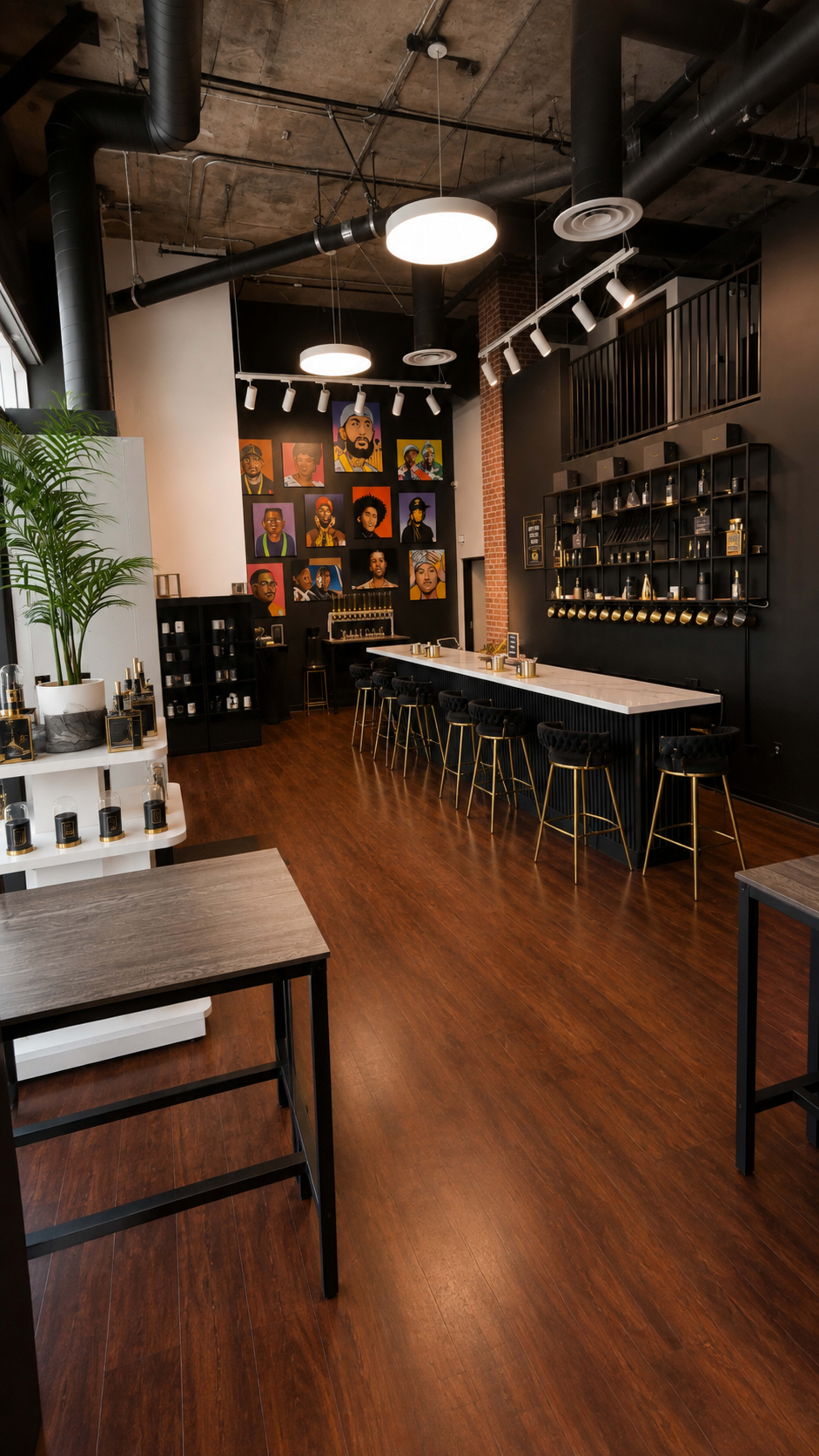 The interior of a modern tasting room features a long bar with high stools, wooden tables, and a large mural of colorful portraits on the wall.