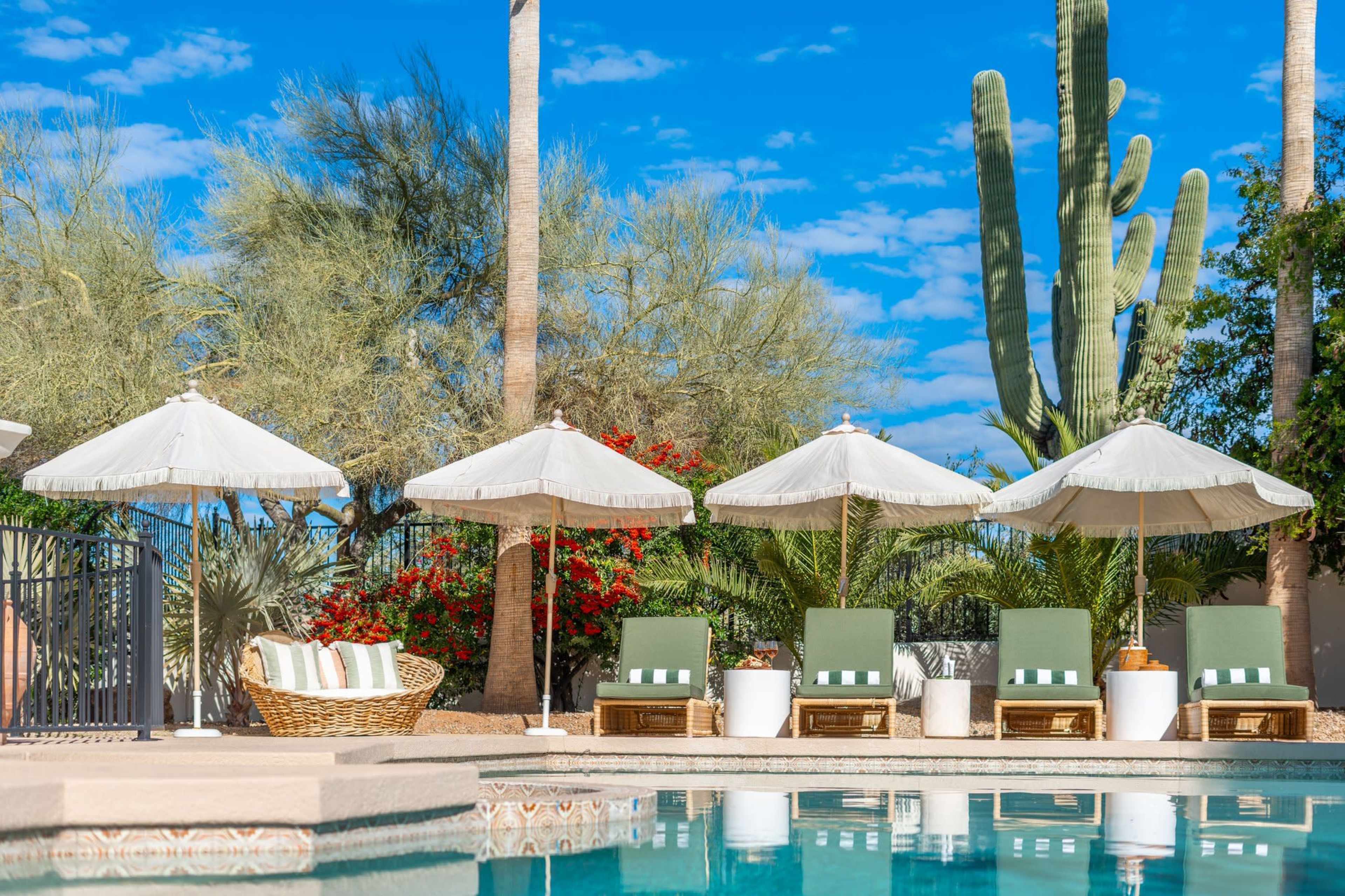 A pool area features green lounge chairs under white umbrellas, surrounded by desert vegetation and flowering bushes.