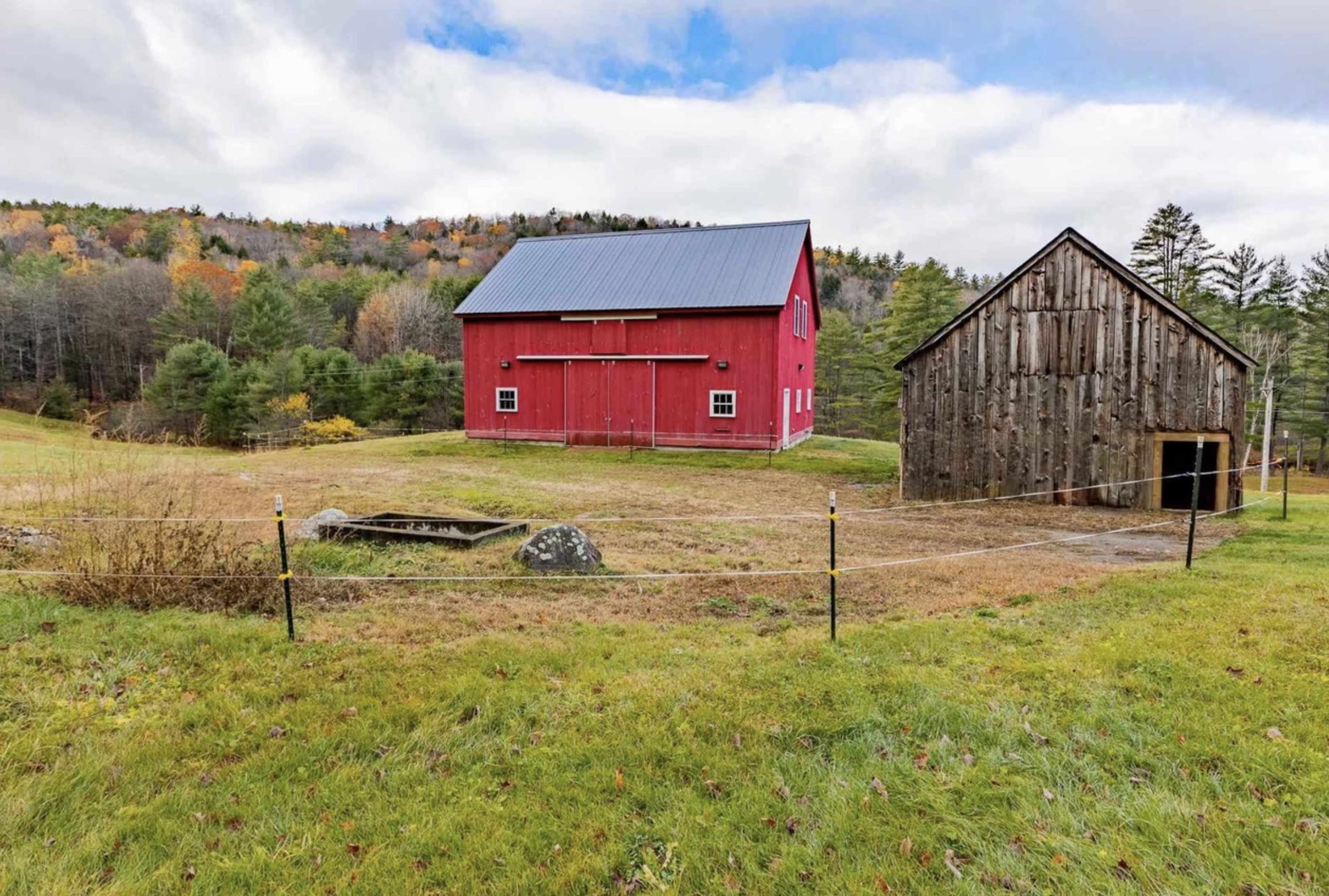 A red barn adjacent to a weathered wooden shed on a grassy field surrounded by trees.