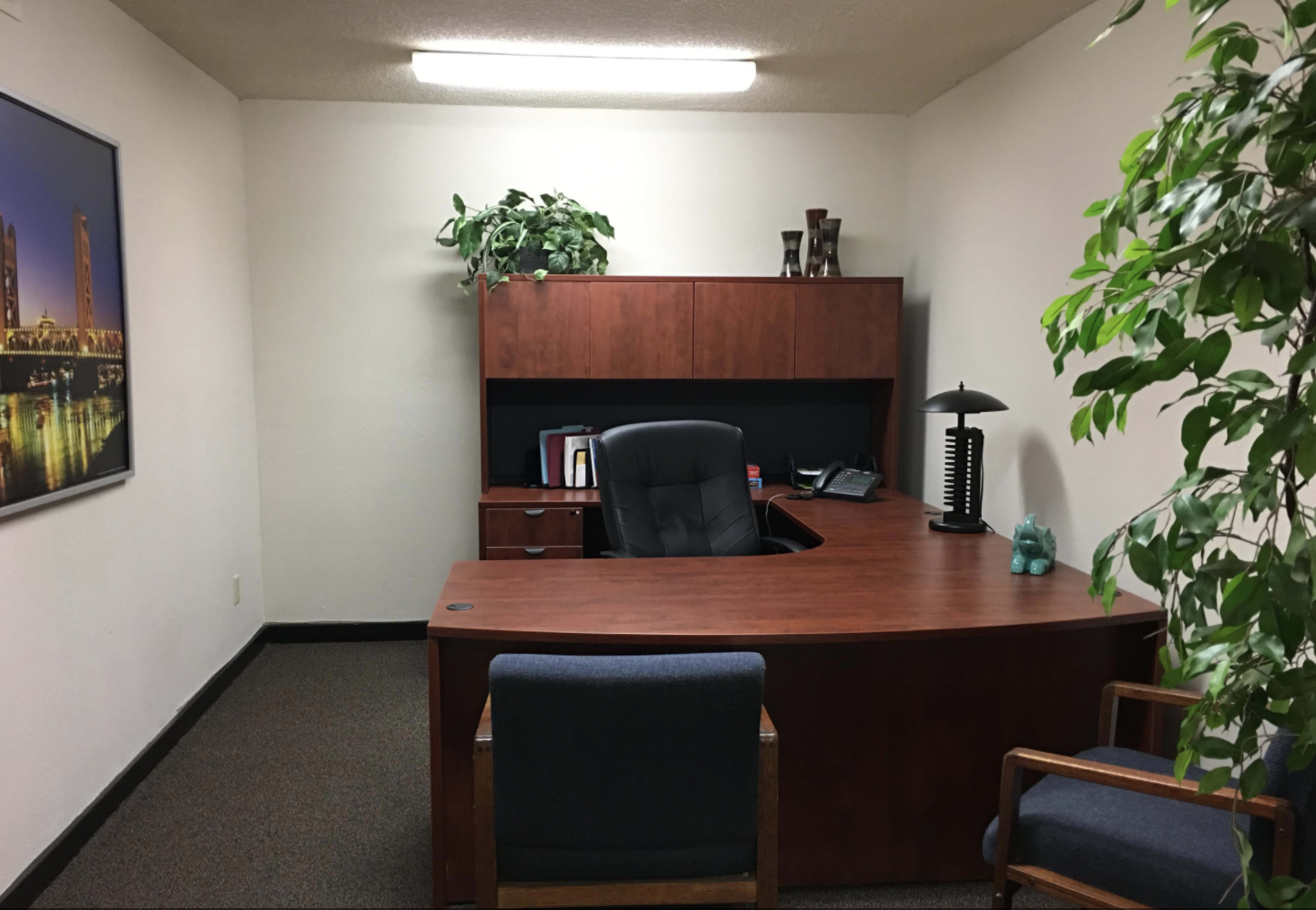 A small office with a wooden desk, a black chair, a potted plant, and an adjacent seating area with two chairs.