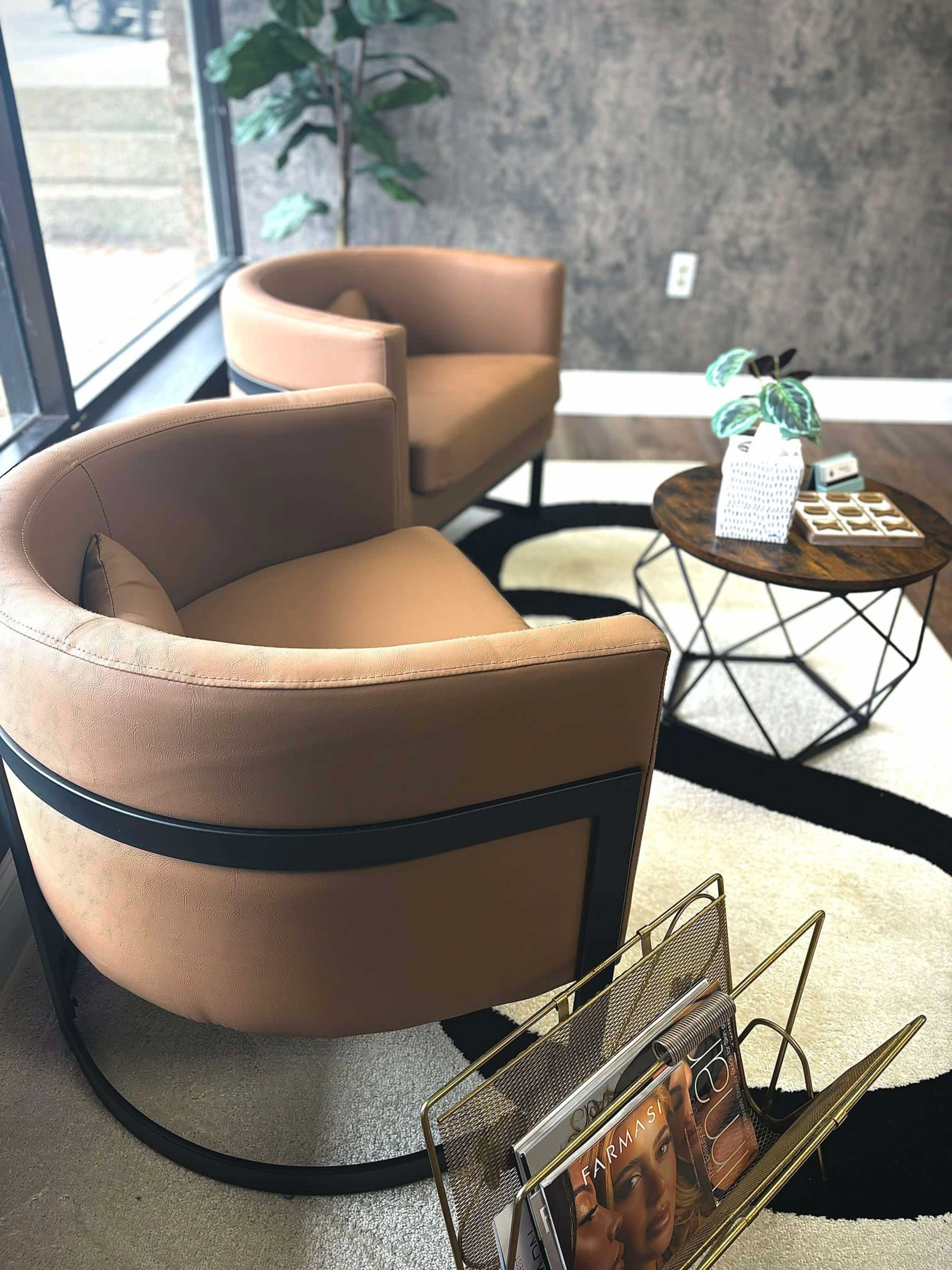 The image shows two modern leather armchairs facing each other, a round coffee table in between, and a small plant on top, with a magazine rack displaying several magazines nearby.
