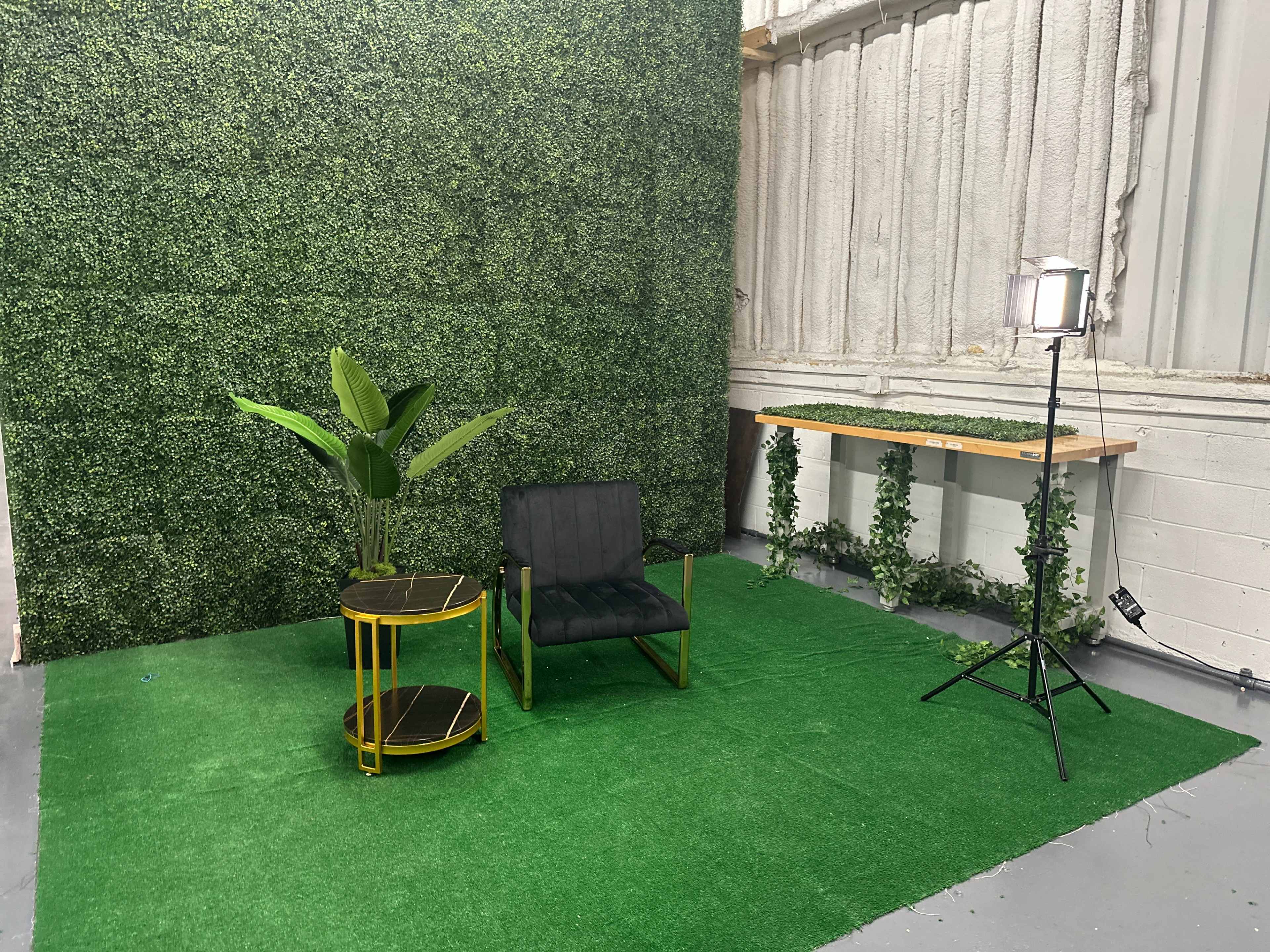 The image shows a small indoor setup with artificial grass flooring, a black chair, a round side table with a plant, and a lighting fixture against a green wall.