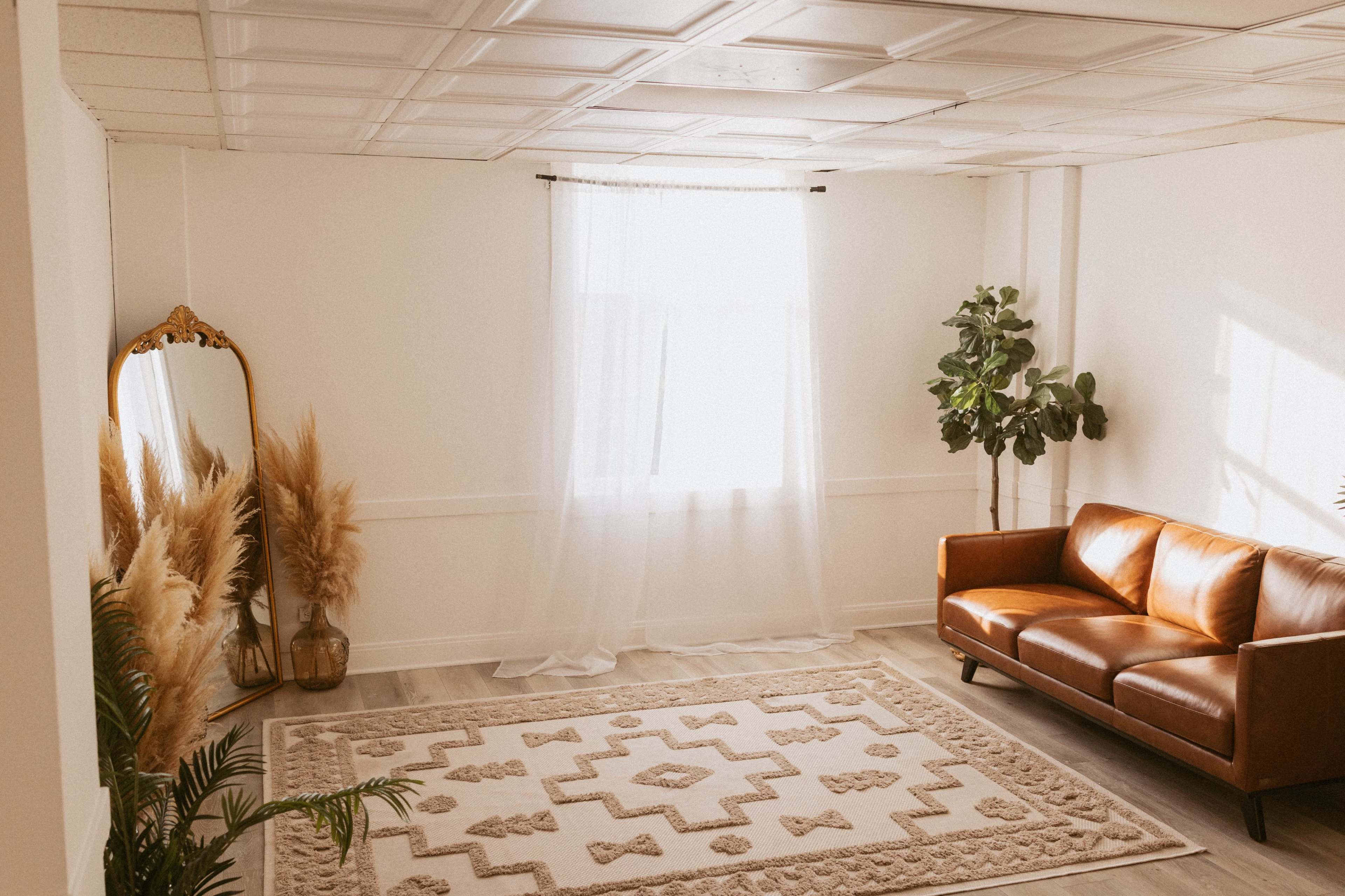 The image shows a spacious room with a brown leather sofa, a large mirror, a plant, and a decorative rug under natural light filtering through a sheer curtain.