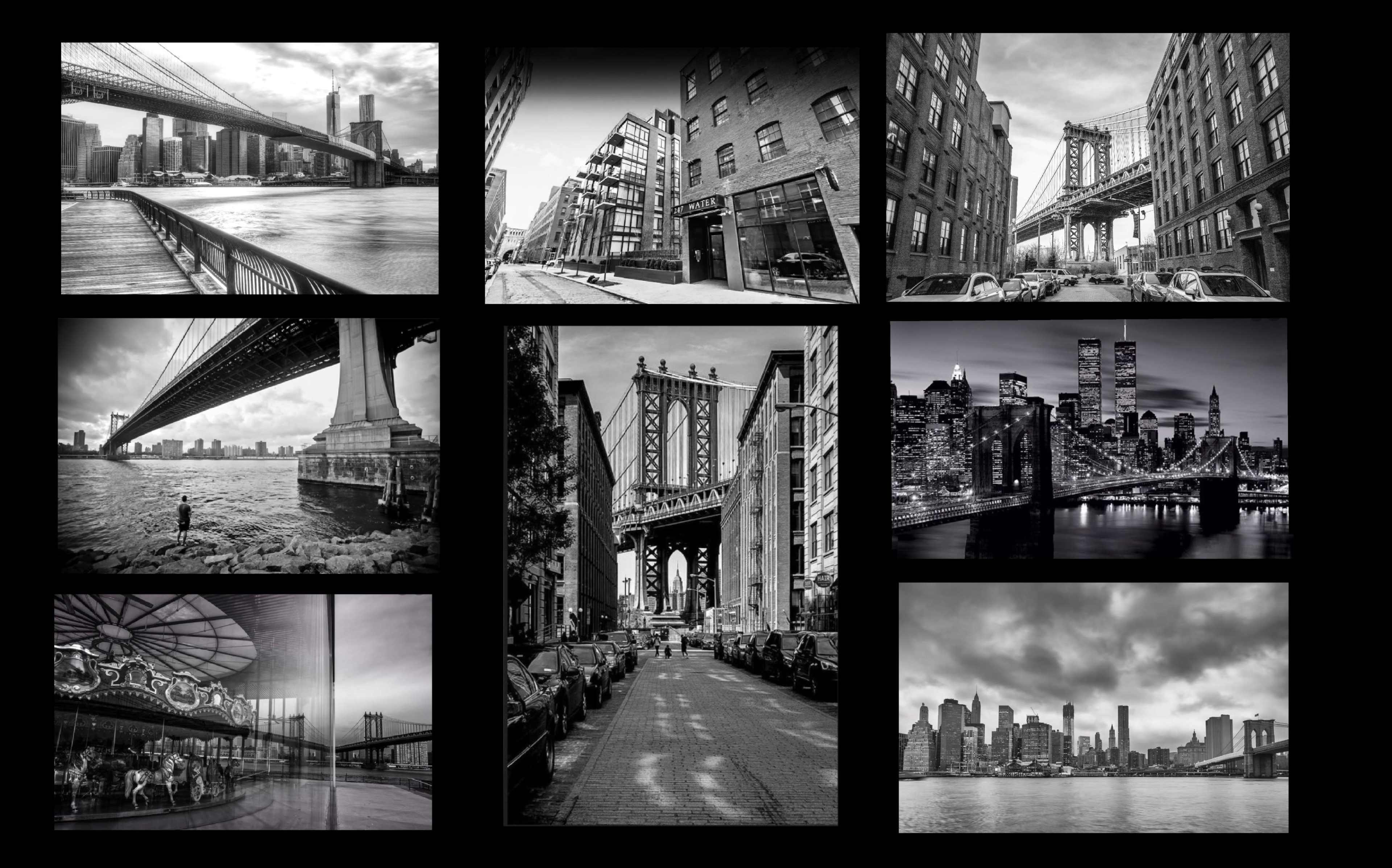 The image features a collage of black-and-white photographs showcasing various views of Brooklyn and the Manhattan skyline, including bridges and city streets.