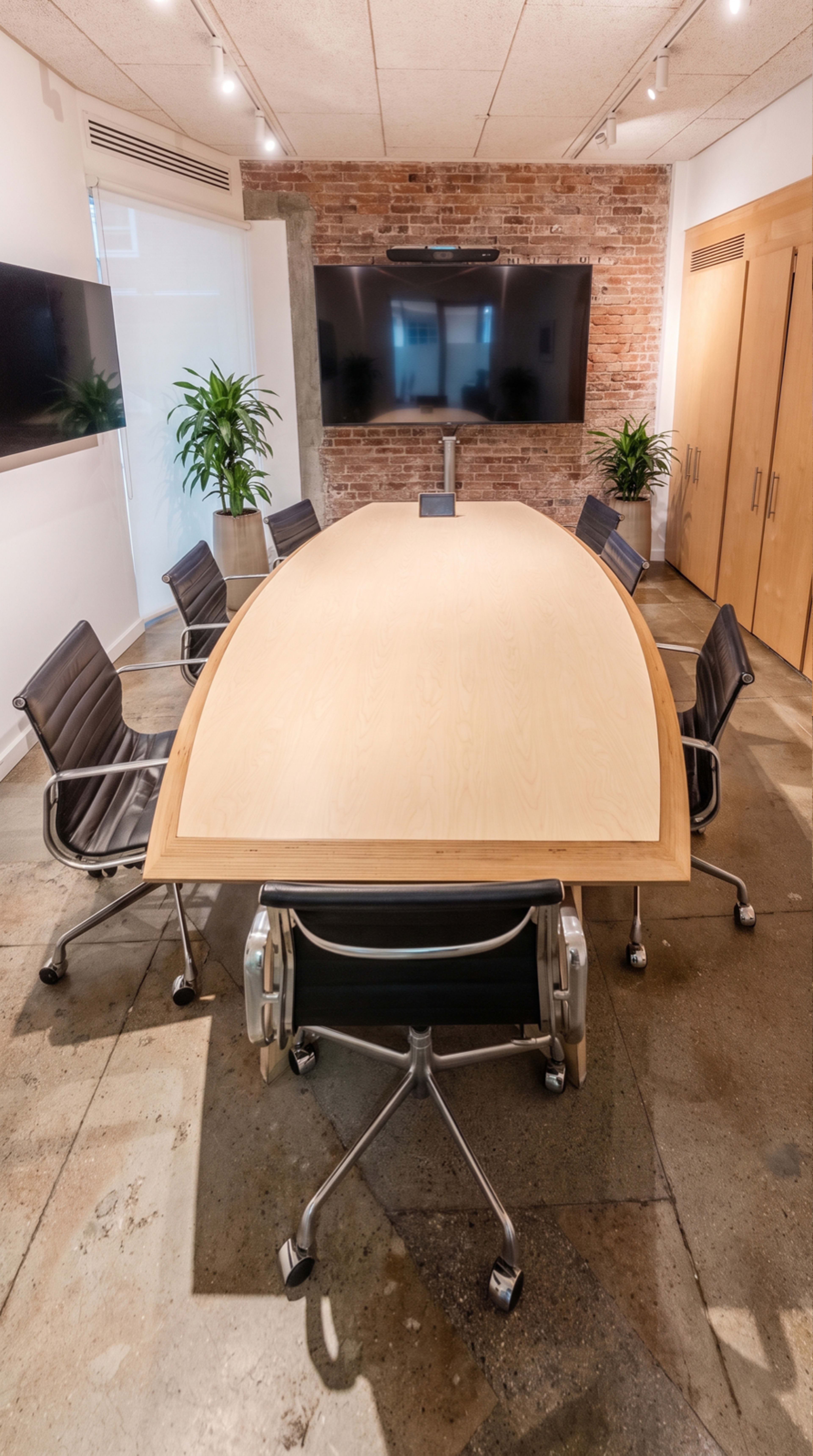 A large, oval conference table is surrounded by sleek black chairs in a modern meeting room with exposed brick walls and two screens mounted on the wall.