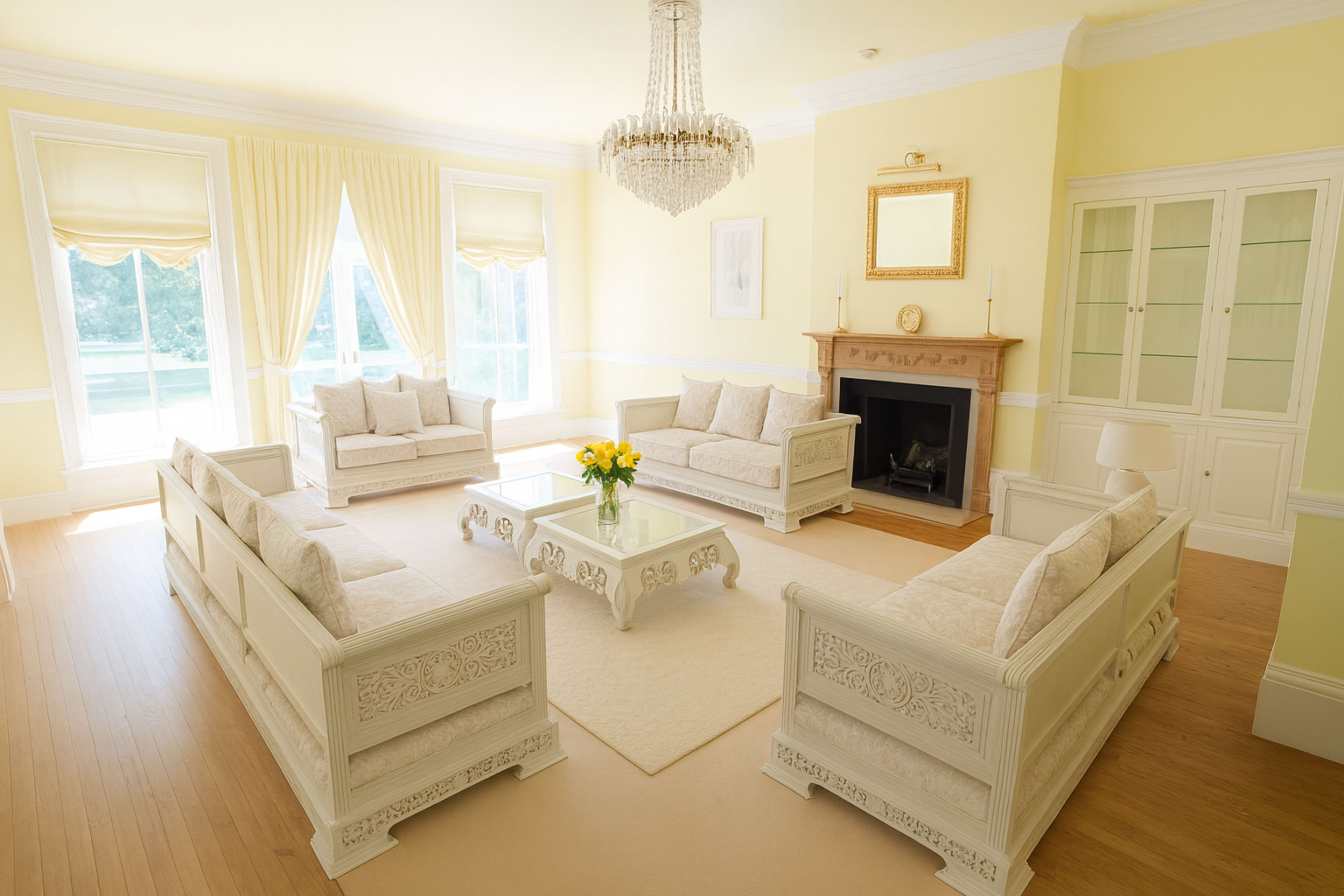 The spacious living room features light yellow walls, elegant furniture arranged around a glass coffee table, and a chandelier hanging from the ceiling.