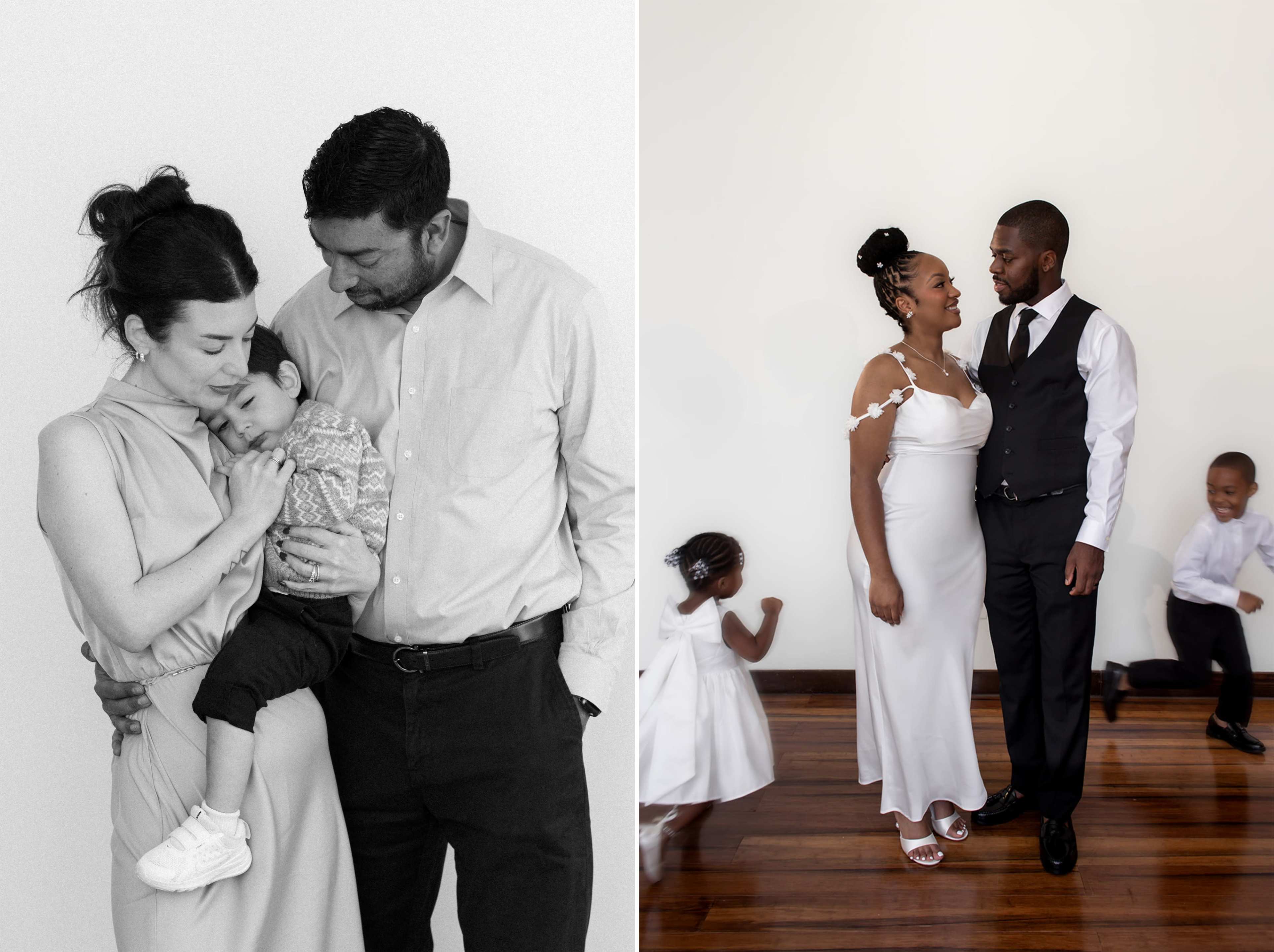 The left image features a couple holding a child, while the right image shows a couple in formal attire with children playing in the background.