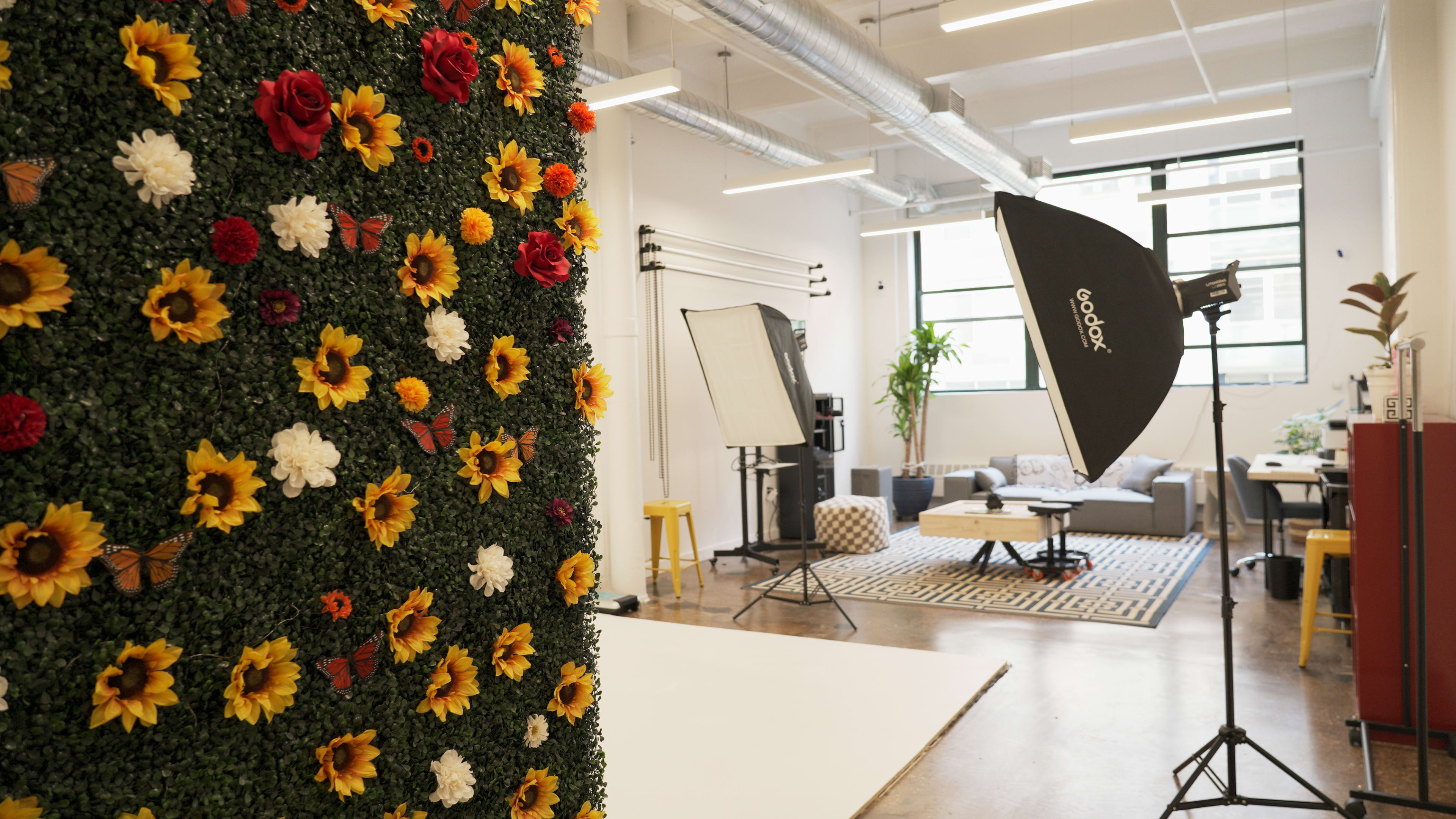 A photography studio featuring a green wall adorned with artificial flowers and butterflies, with lighting equipment and a seating area visible in the background.