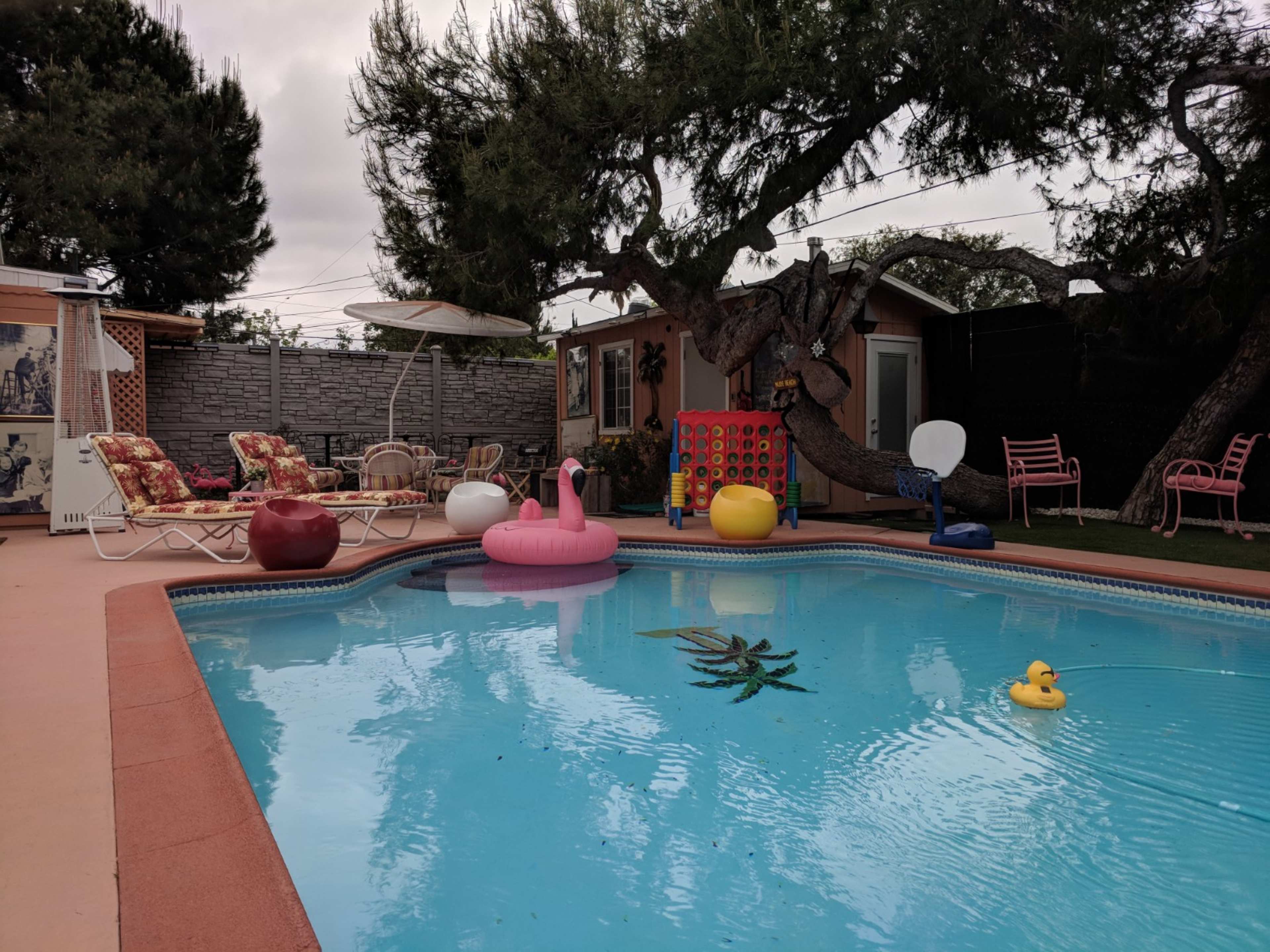 A swimming pool is surrounded by colorful lounge chairs and inflatable decorations, with a backdrop of a house and trees.