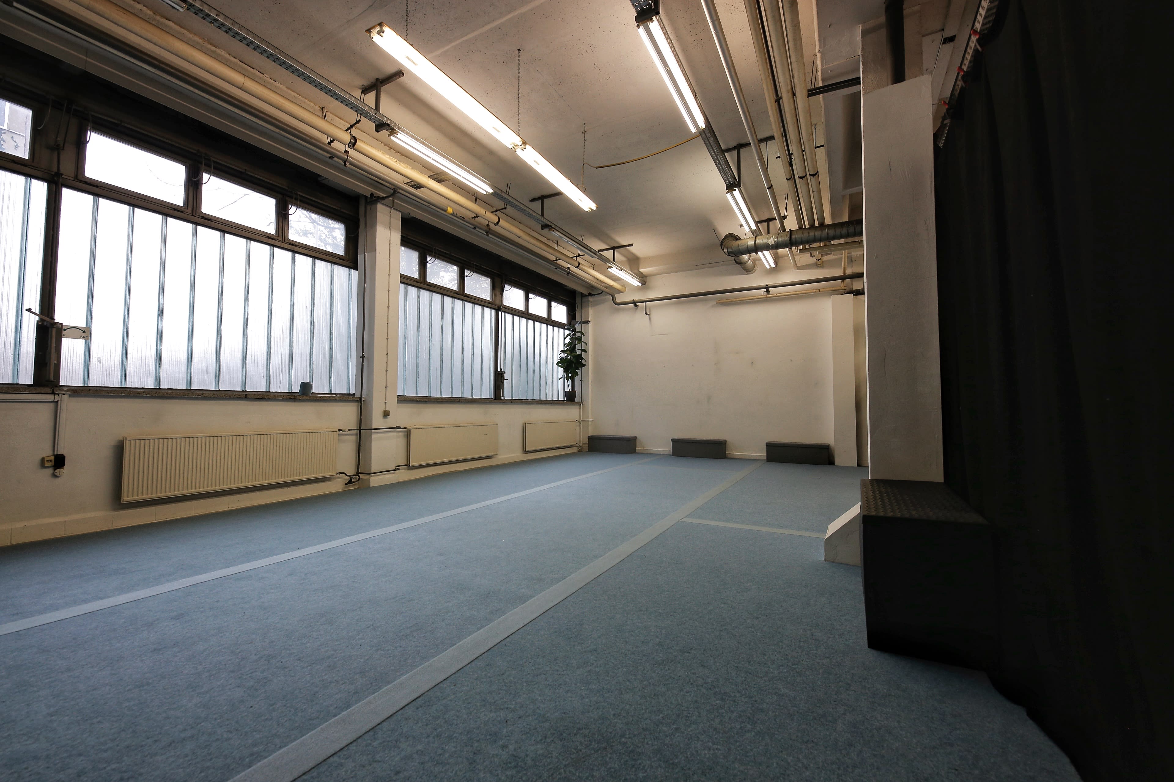 The image shows an empty room with blue carpet, large windows on one side, and a black curtain on the other.