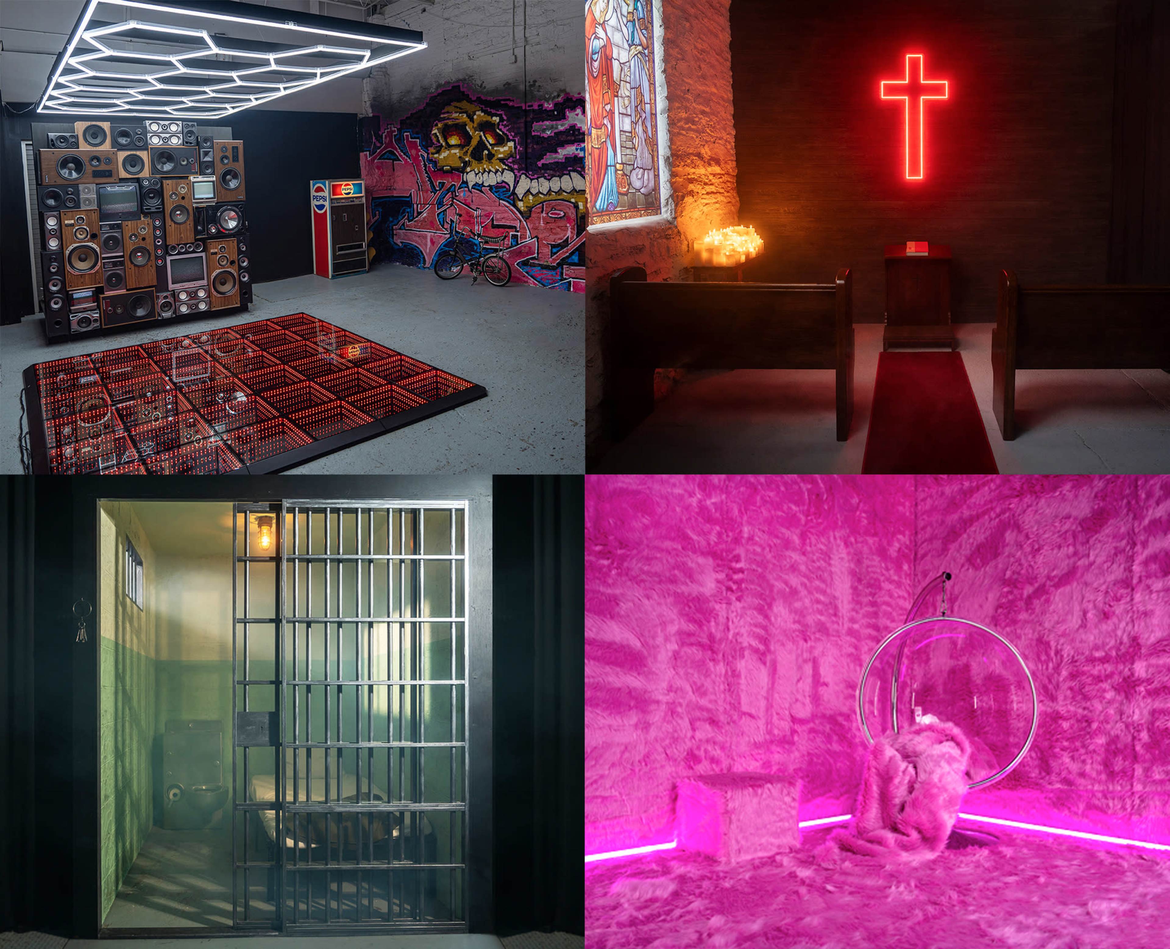 The image consists of four distinct scenes: a room filled with colorful speakers against a graffiti wall, a dimly lit chapel featuring a glowing cross, a jail cell with metal bars, and a surreal space with pink lighting and a circular structure.