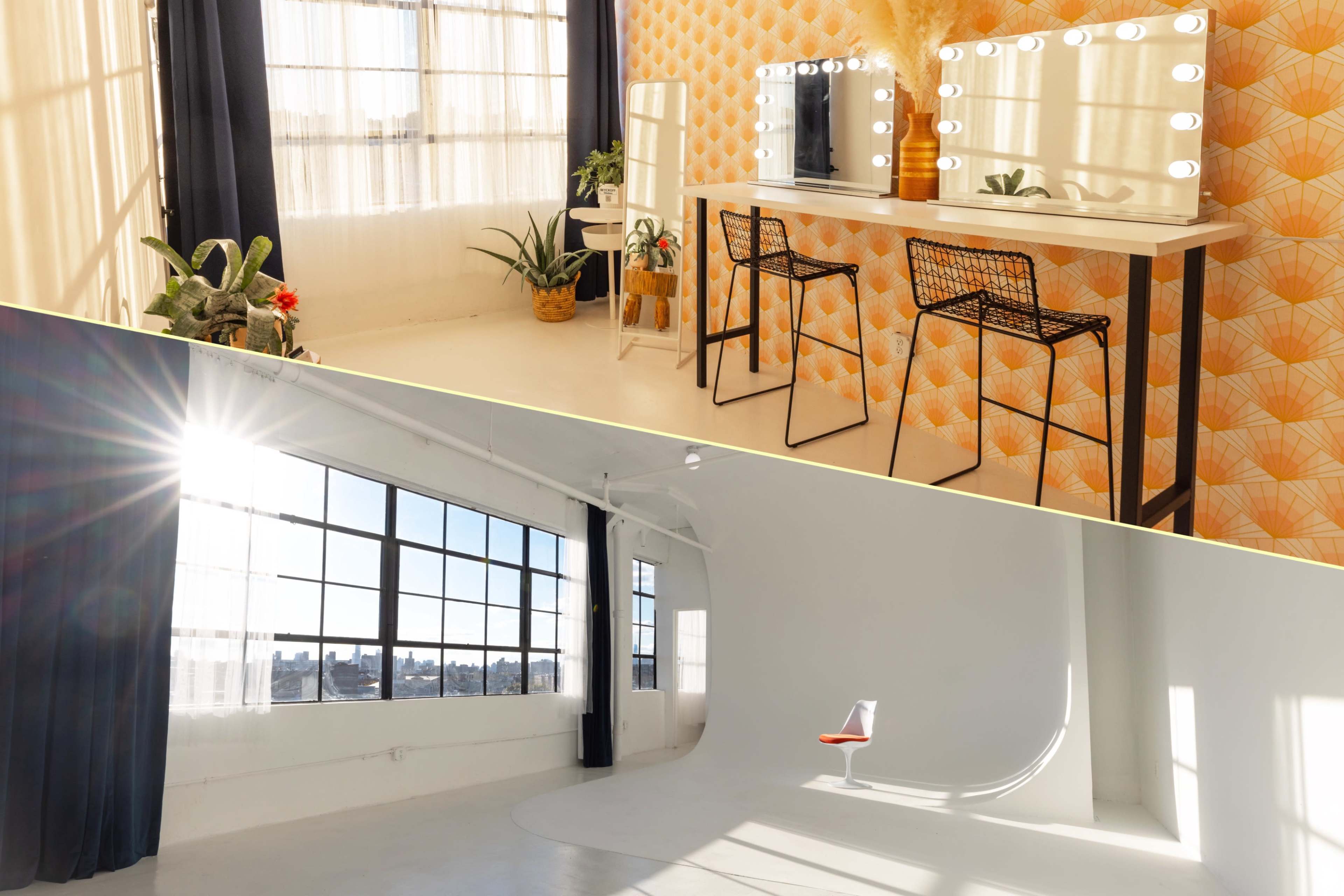 Two distinct studio spaces: the top features a brightly lit room with a patterned wall, two chairs, and a table with illuminated mirrors, while the bottom showcases a minimalist white space with a single chair and large windows letting in sunlight.