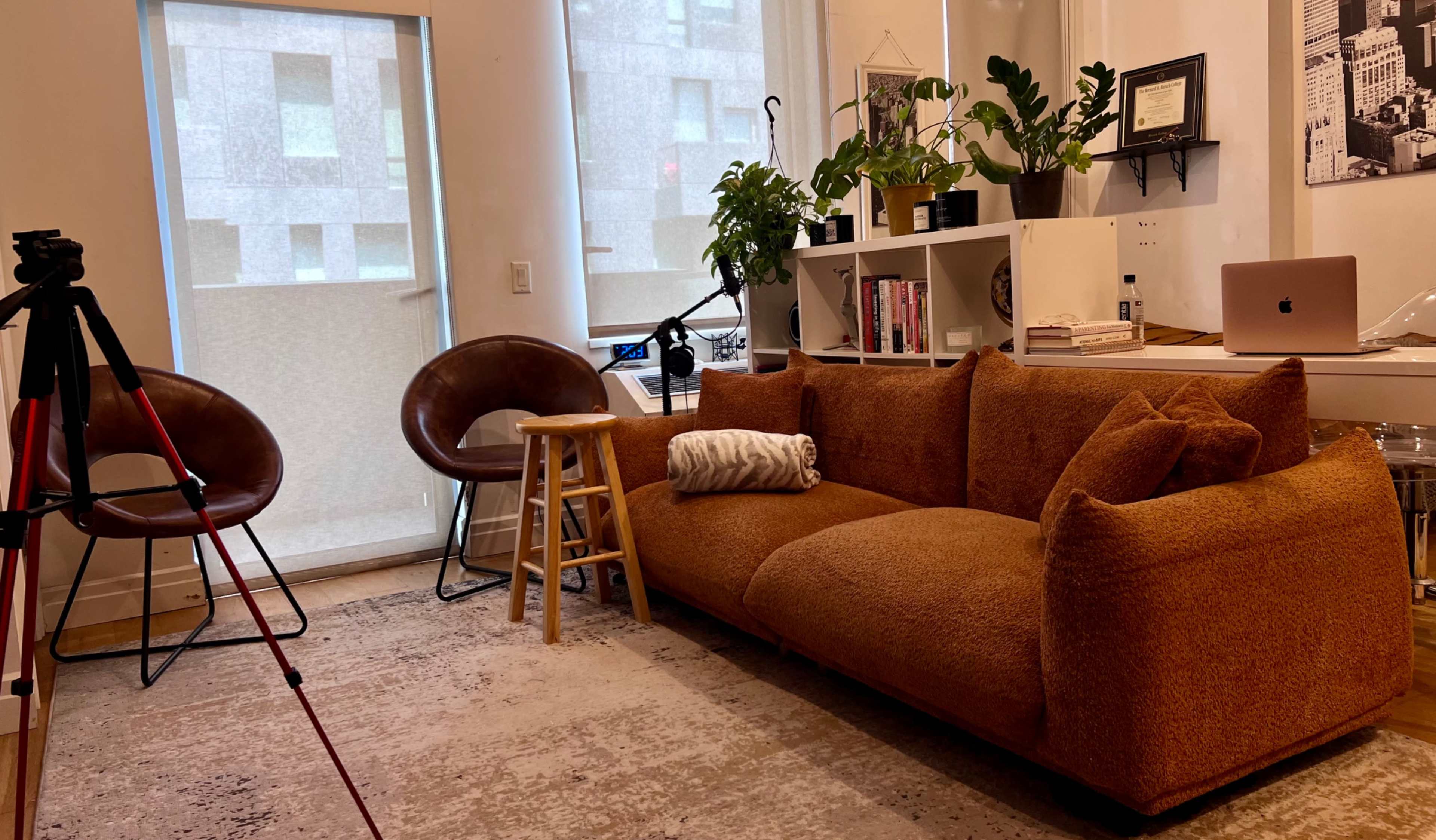 A cozy living space featuring a brown sofa, two circular chairs, a wooden stool, and plants on a shelf, with a large window letting in natural light.