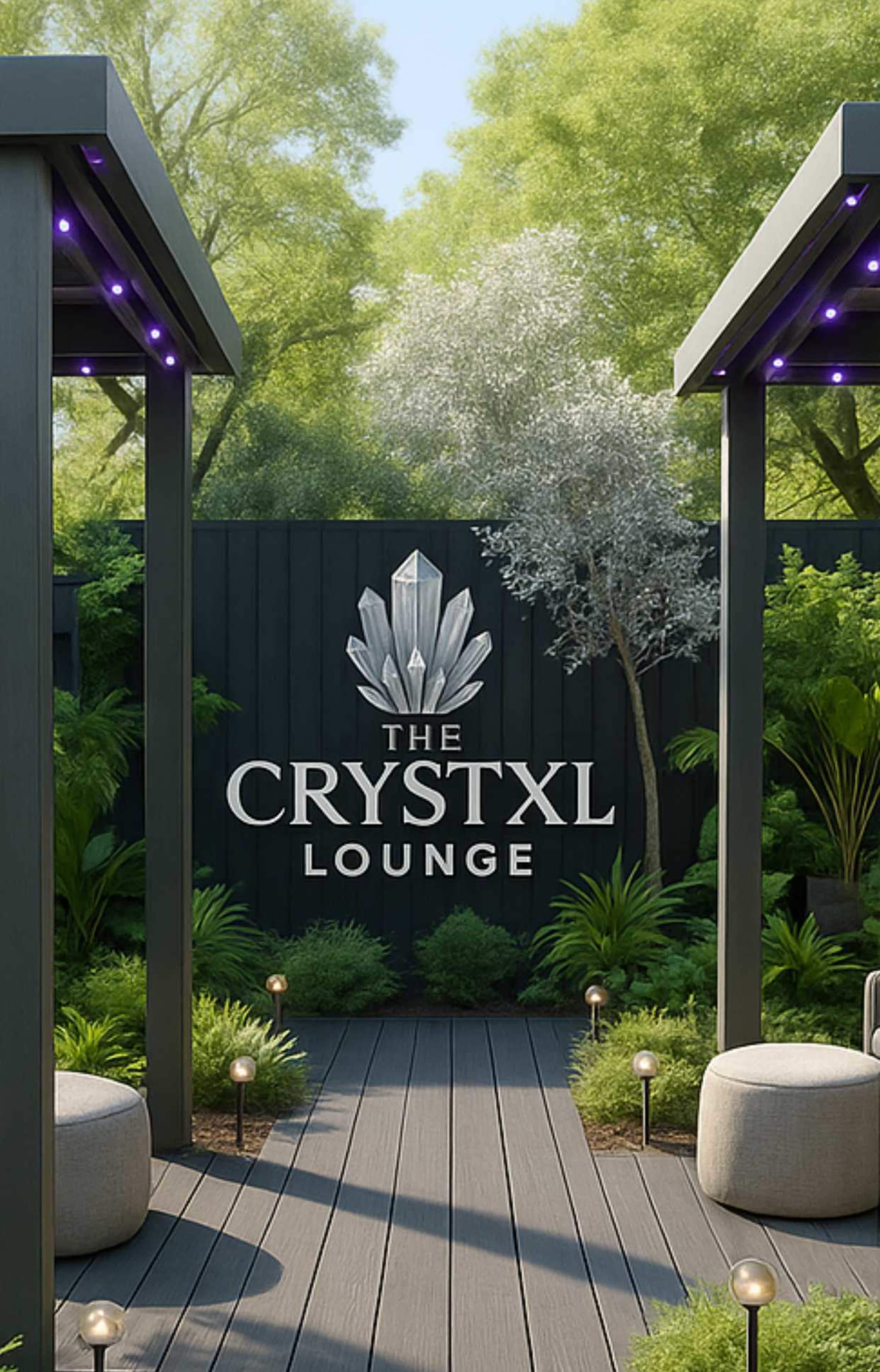 The image features a modern outdoor lounge area with a sign reading "THE CRYSTXL LOUNGE" surrounded by greenery and decorative lighting.