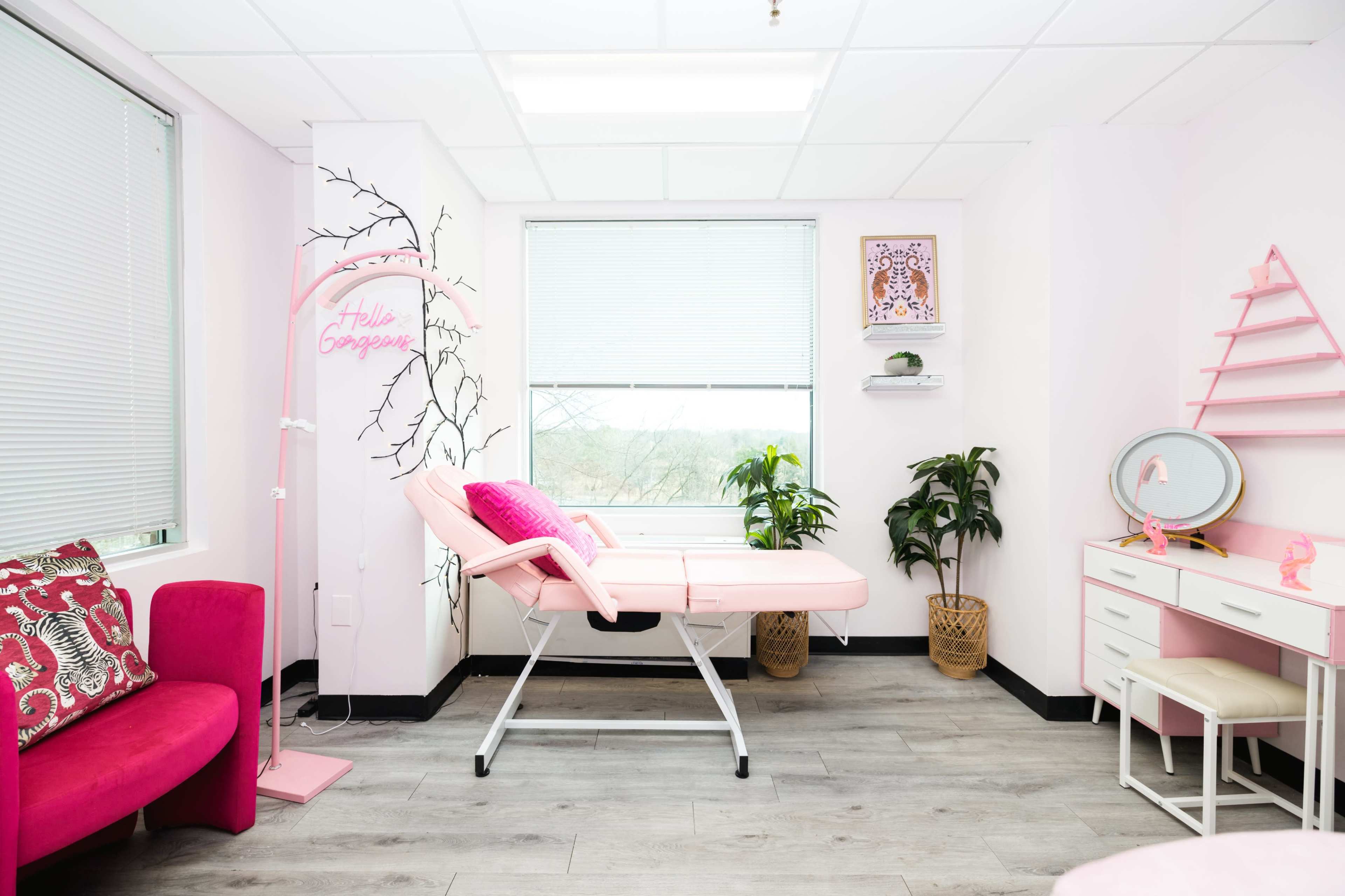 A bright room featuring a pink treatment bed, a small desk with a mirror, and decorative plants, all set against light-colored walls.