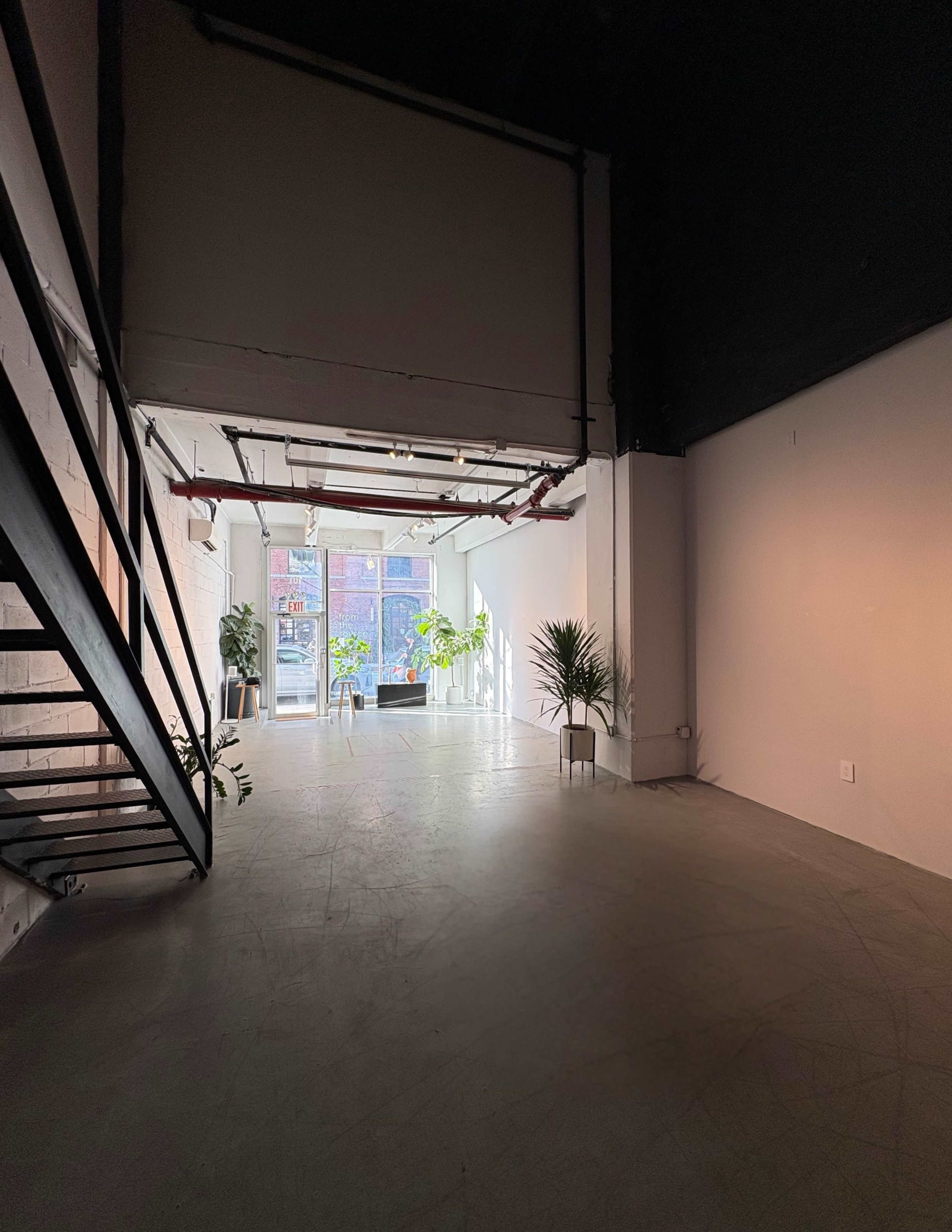 The image shows a spacious, empty interior area with a set of stairs on the left and large windows at the far end, illuminating plants placed throughout the room.