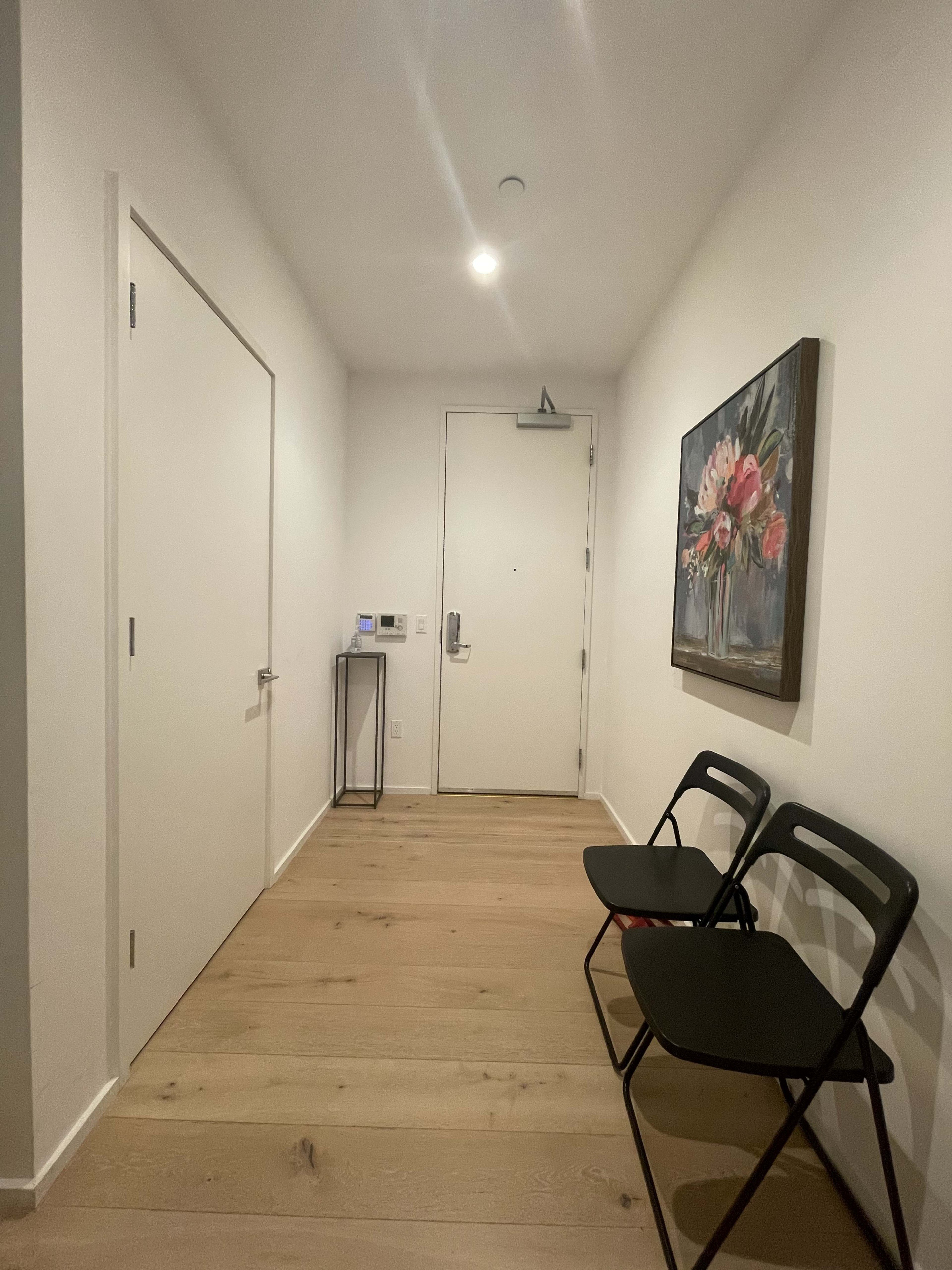 A narrow hallway featuring a closed door, a framed floral painting on the wall, and two black folding chairs in front of a white wall.
