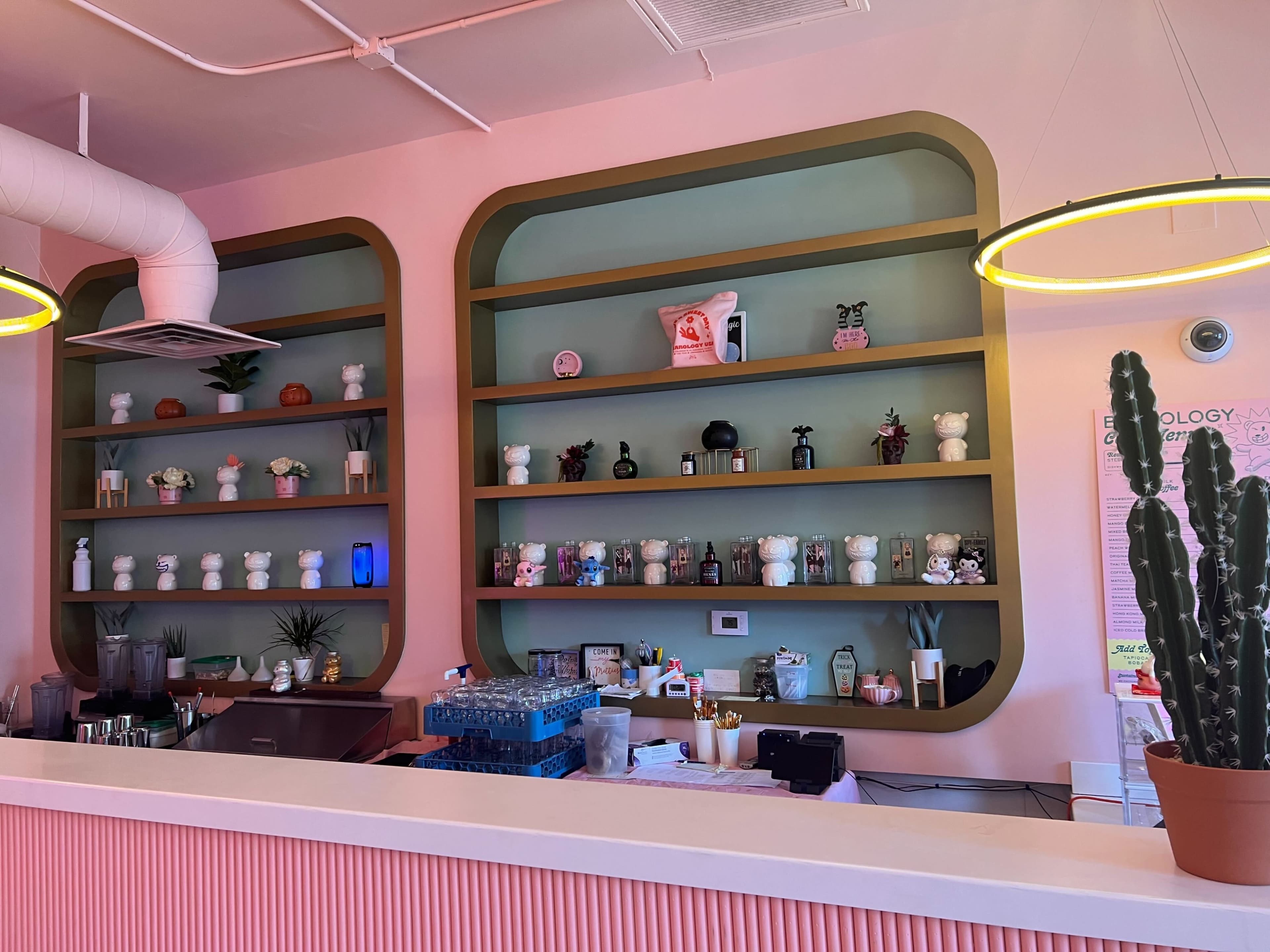 A café counter with a colorful display of various decorative items and plants arranged on shelves against a pastel-colored wall.