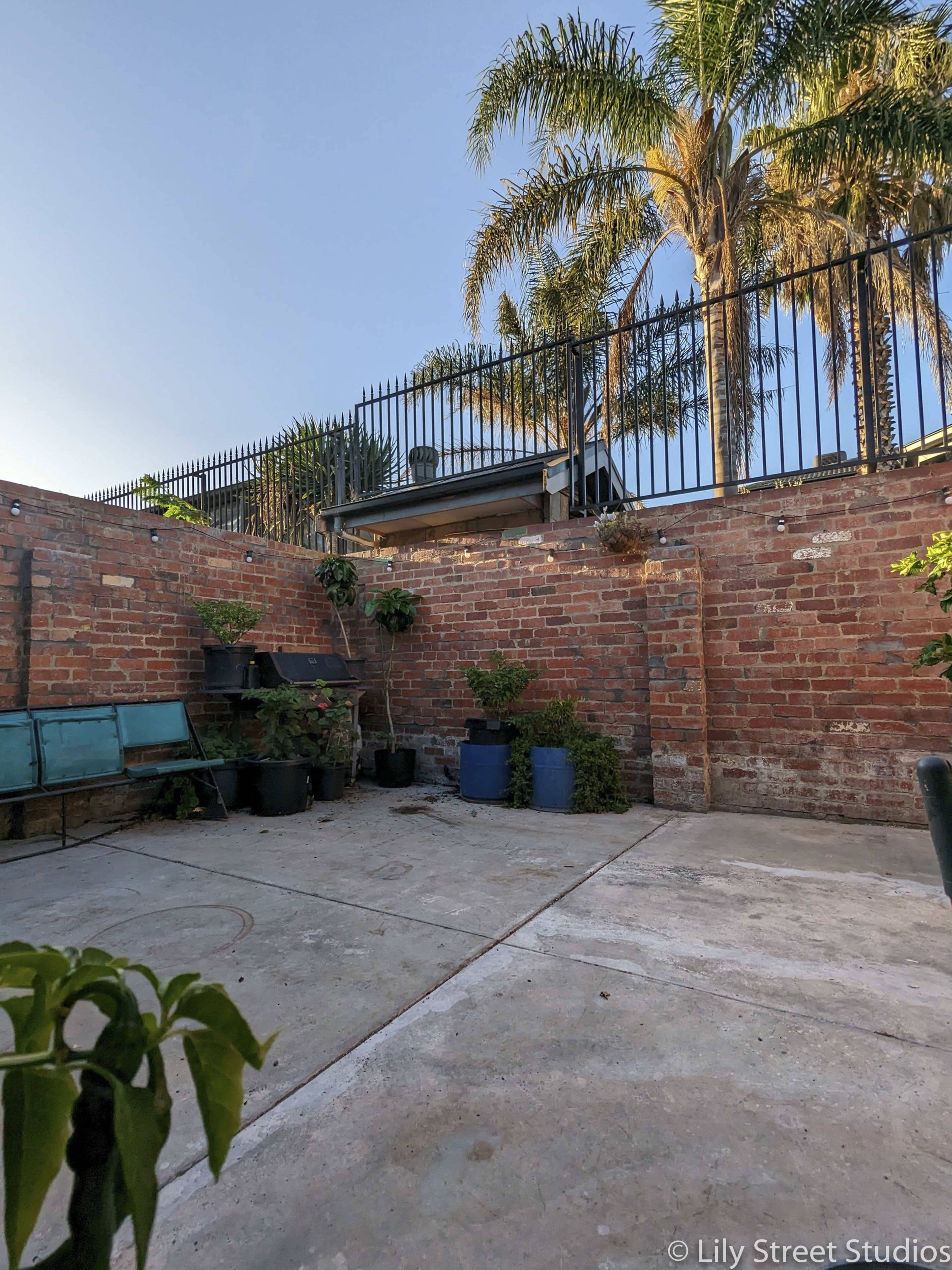 A small concrete outdoor space features brick walls and several potted plants with palm trees in the background.