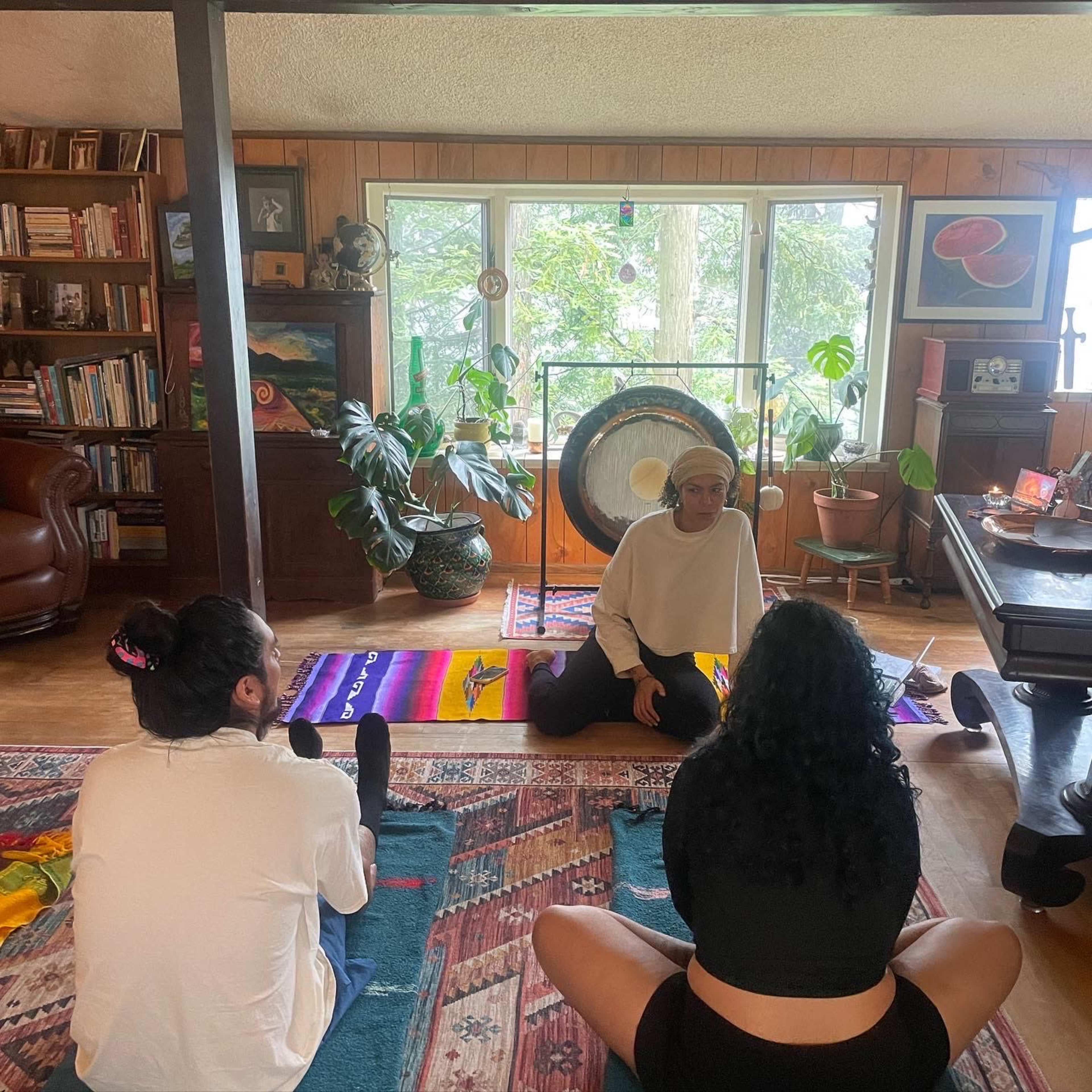 Three individuals sit on the floor in a wooden room with large windows and plants, engaged in a discussion or activity.