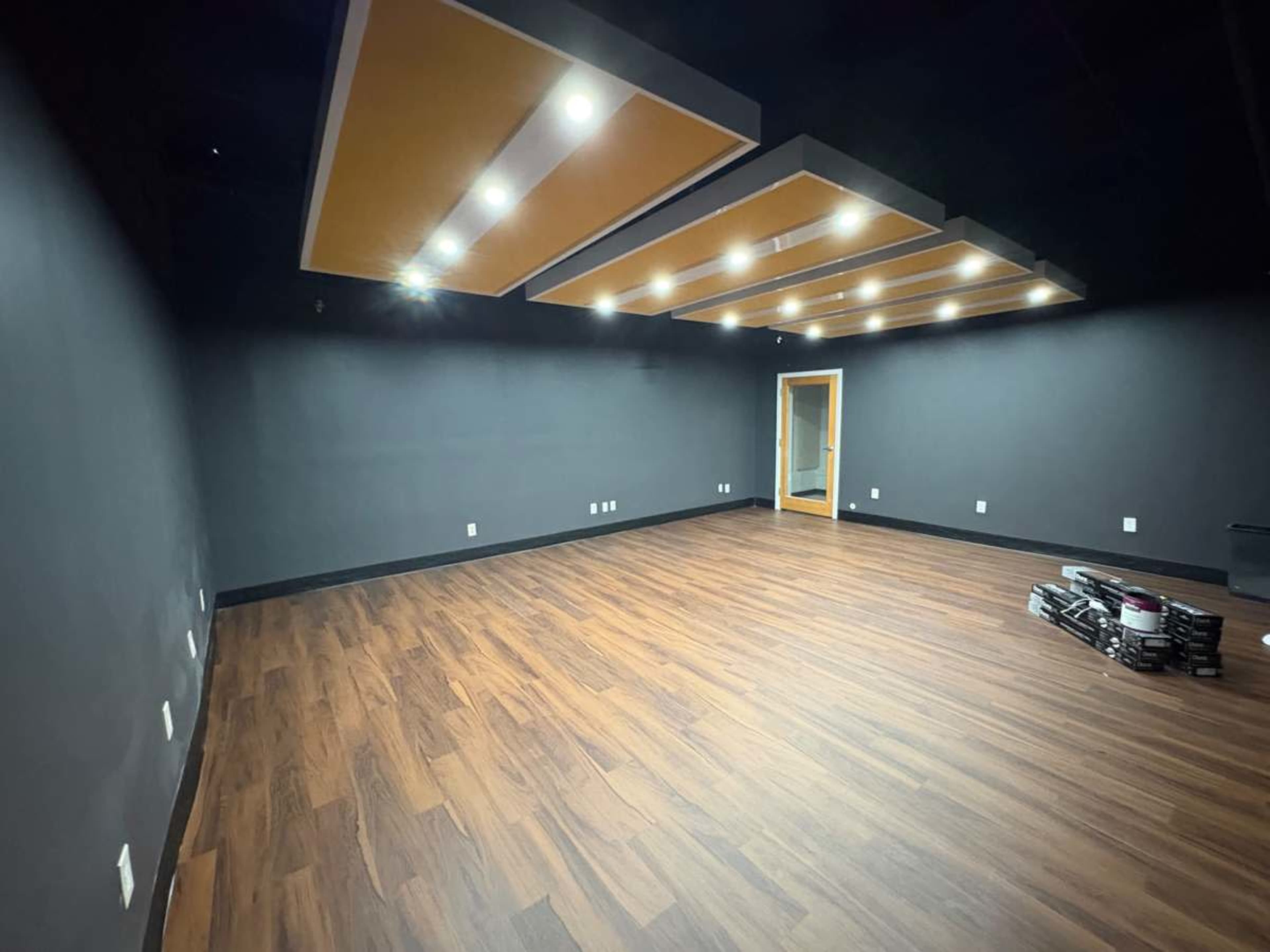 The image shows an empty room with dark walls, wooden flooring, and a lighted ceiling featuring rectangular panels.