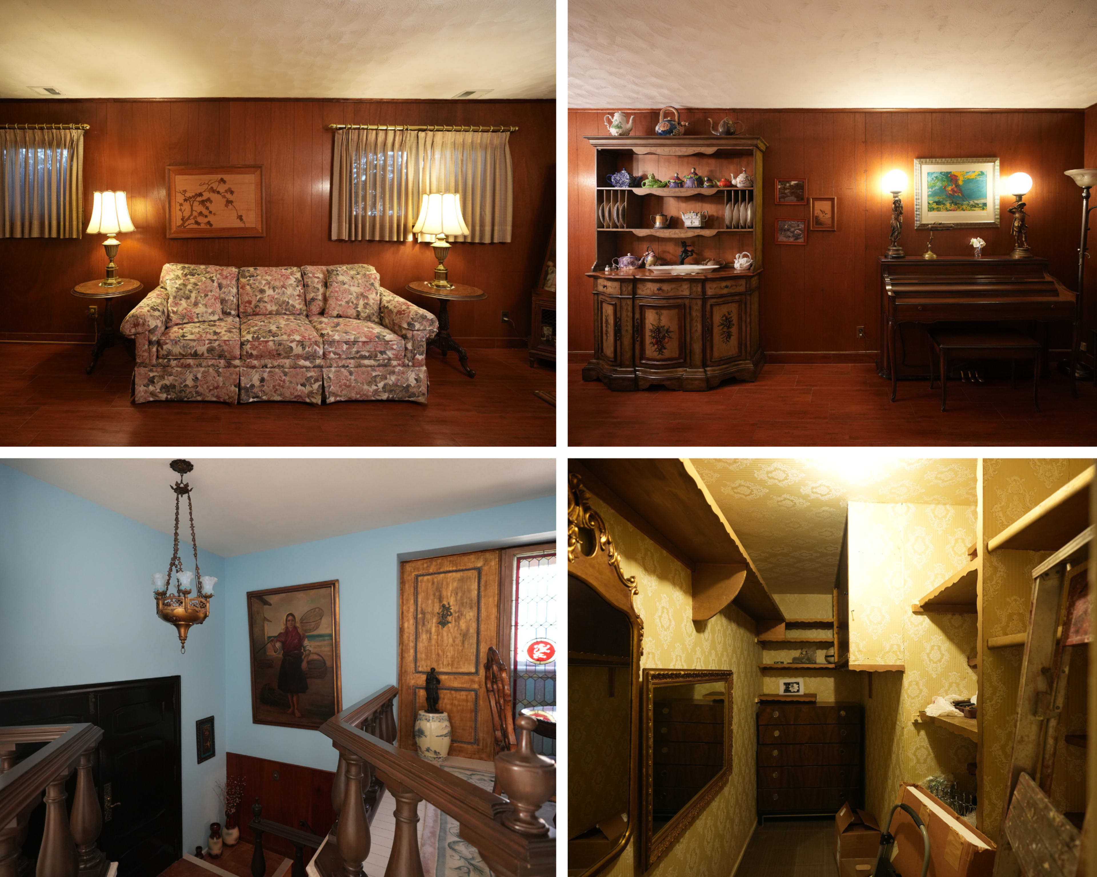 The image shows a vintage interior divided into four sections: a floral-patterned couch in a warm-toned sitting area, a wooden cabinet with decorative items, a staircase with a chandelier and painting, and a narrow hallway featuring vintage decor and wooden paneling.