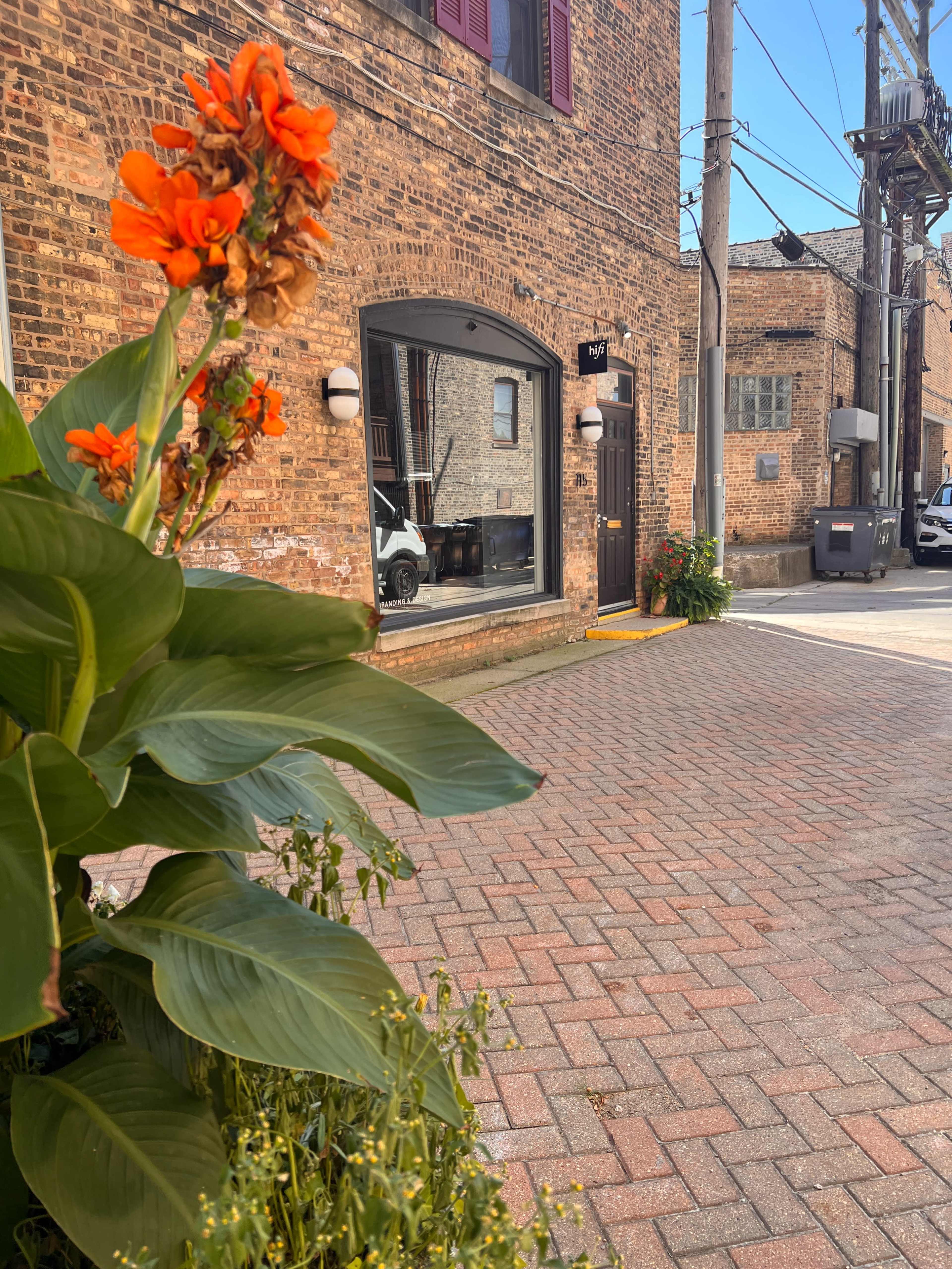 A vibrant flower garden lines a brick-paved street outside a brick building with large windows and dark doors.