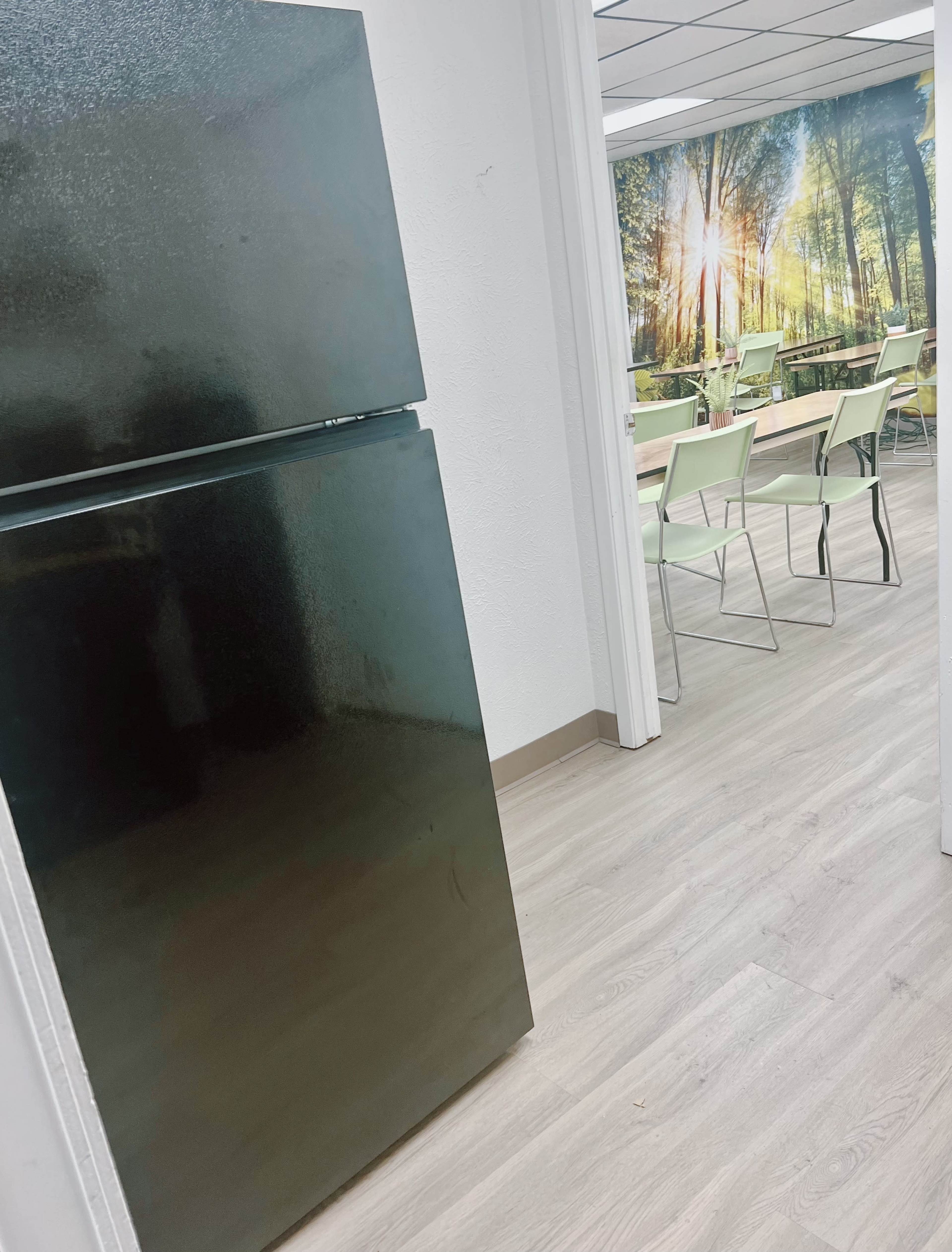 A black refrigerator in the foreground, with a dining area featuring light-colored chairs and a forest mural in the background.