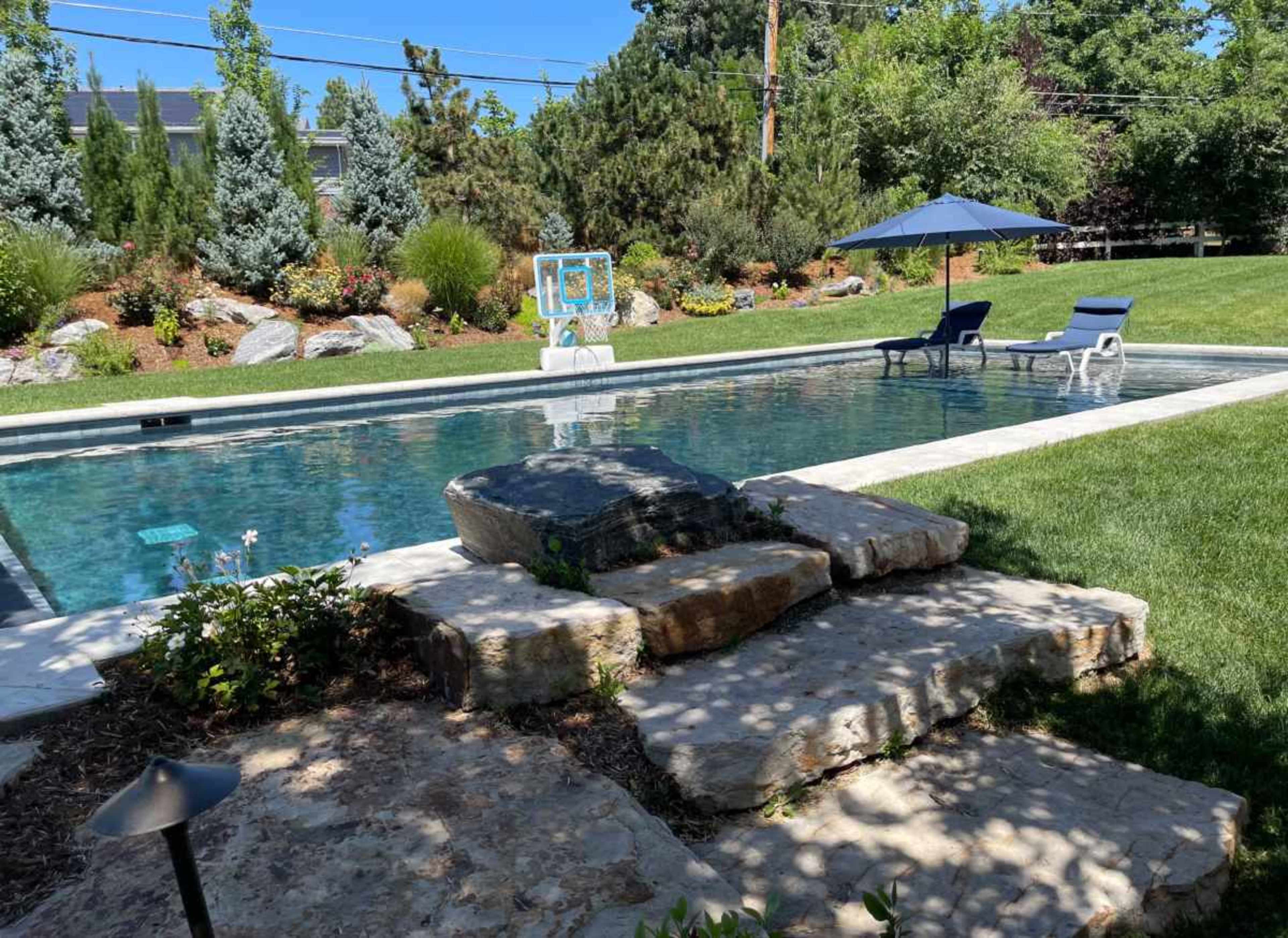 The image shows a backyard pool area with a stone pathway leading to a rectangular pool surrounded by grass and landscaped shrubs.