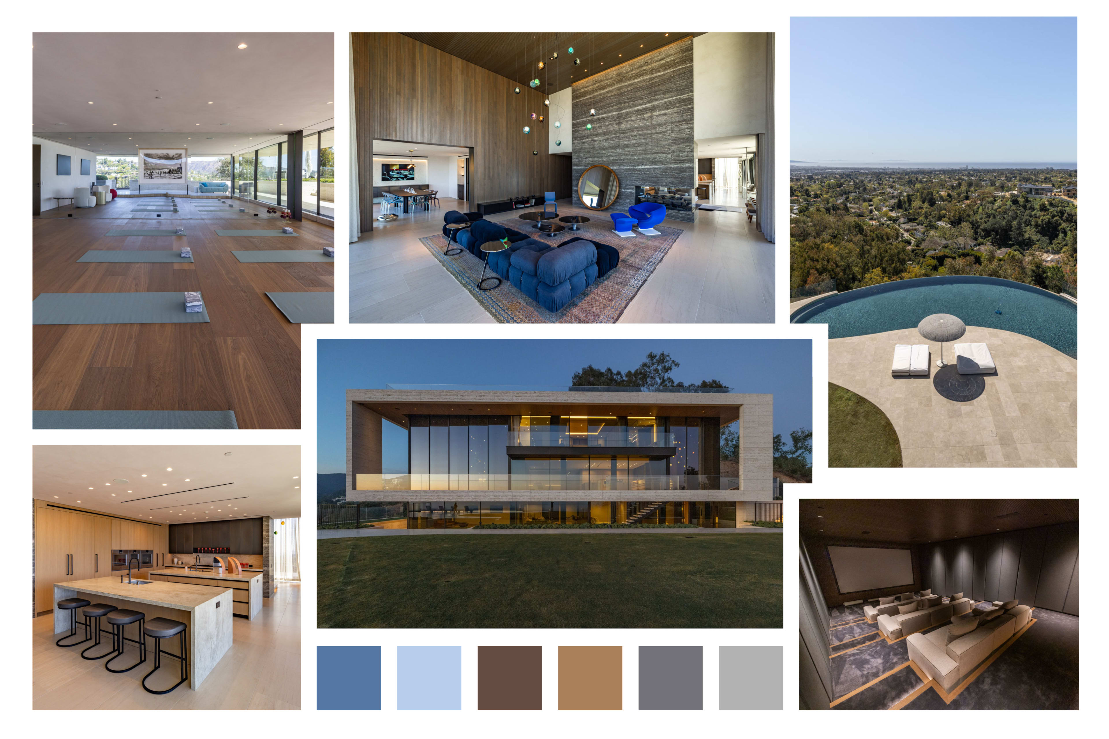 The image showcases a modern home featuring spacious interiors, including a yoga studio, entertainment room, and an outdoor pool area with a scenic view.