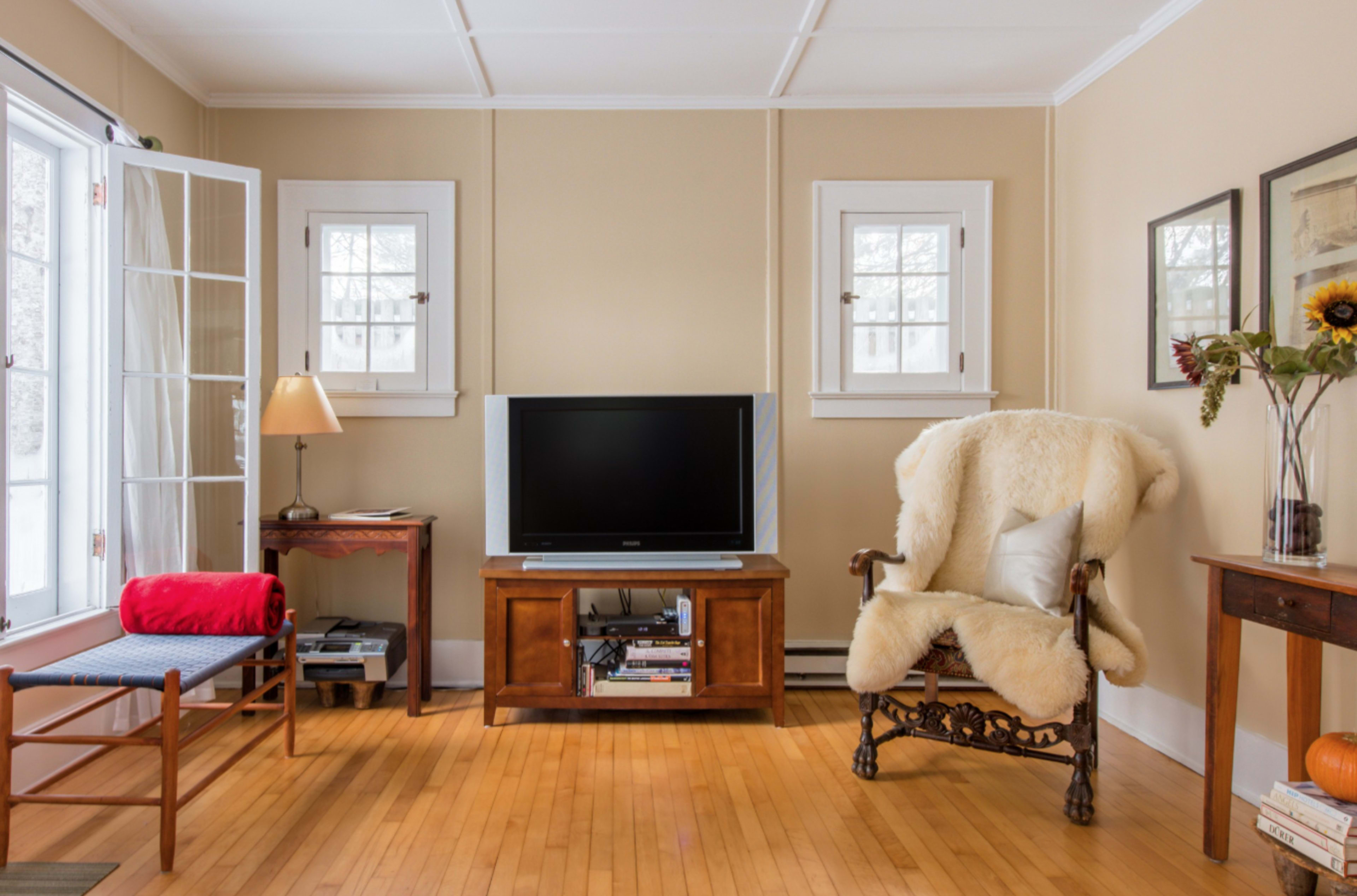 A cozy living room features a television centered on a wooden cabinet, a comfortable chair draped with a white throw, and natural light coming through two windows.