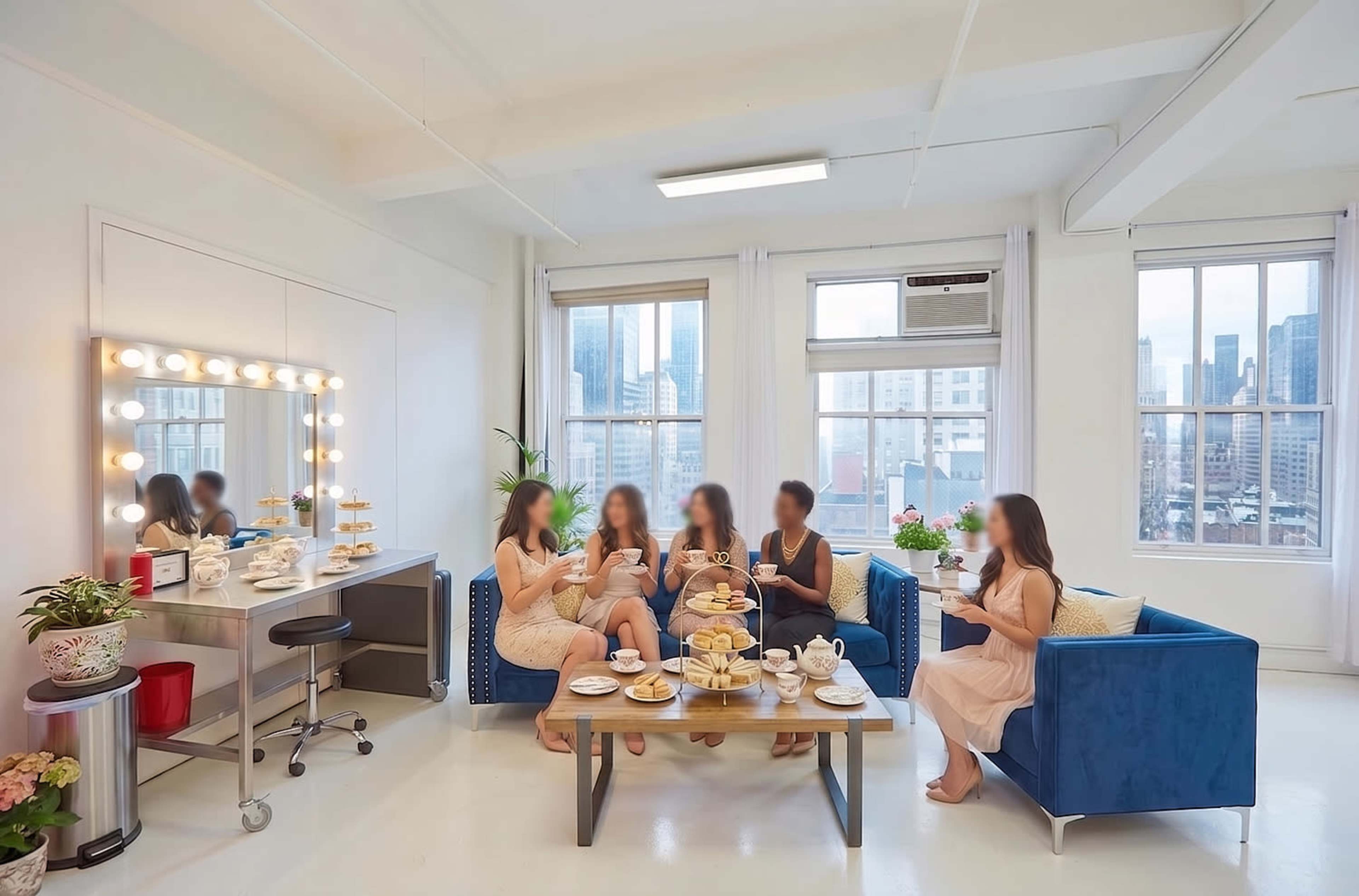 Four women are seated in a bright, modern room, enjoying tea and pastries at a coffee table surrounded by city skyline views.
