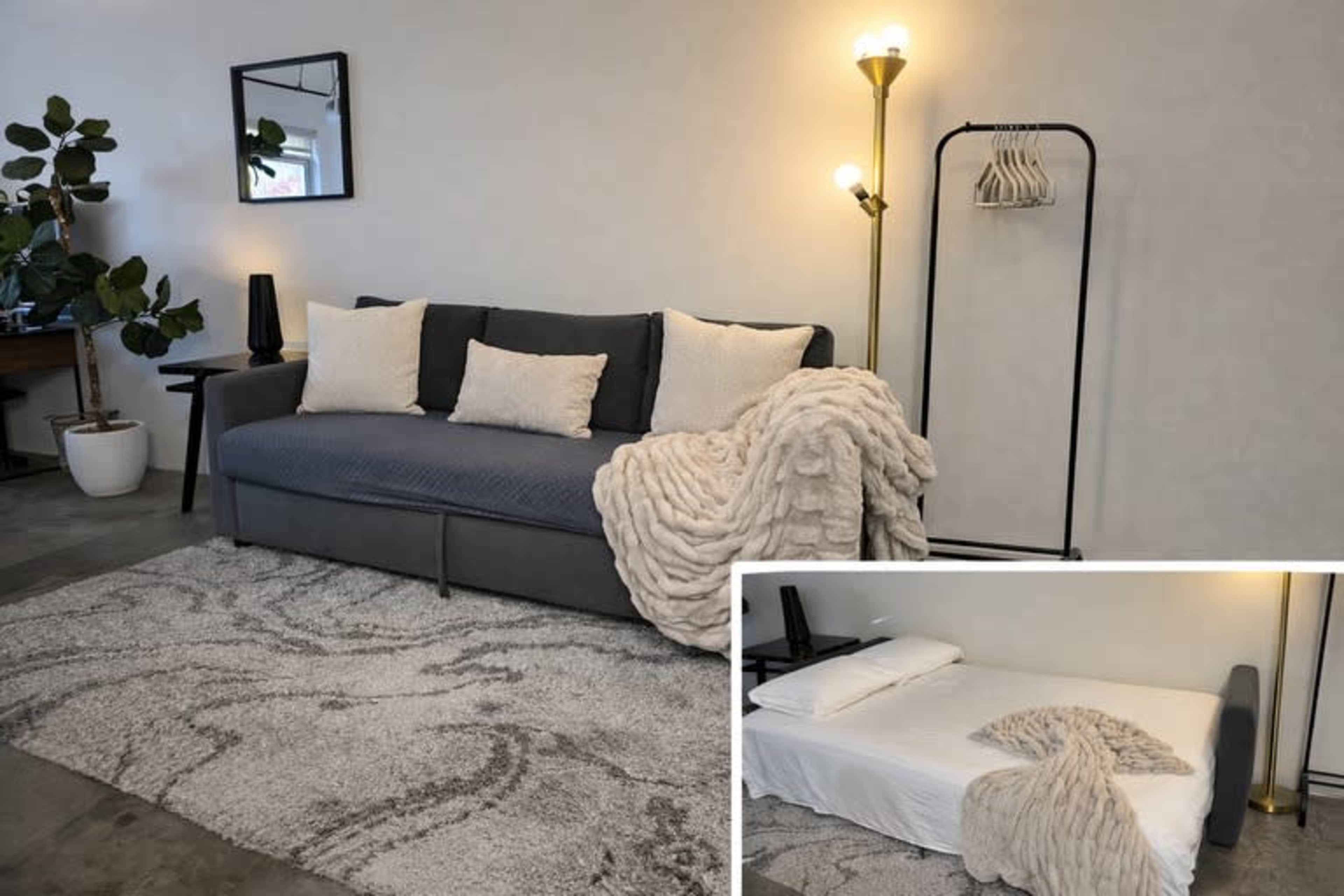 The image shows a modern living room setup featuring a gray sofa with white pillows, a cozy blanket draped over an arm, a decorative plant, and an auxiliary lighting fixture.