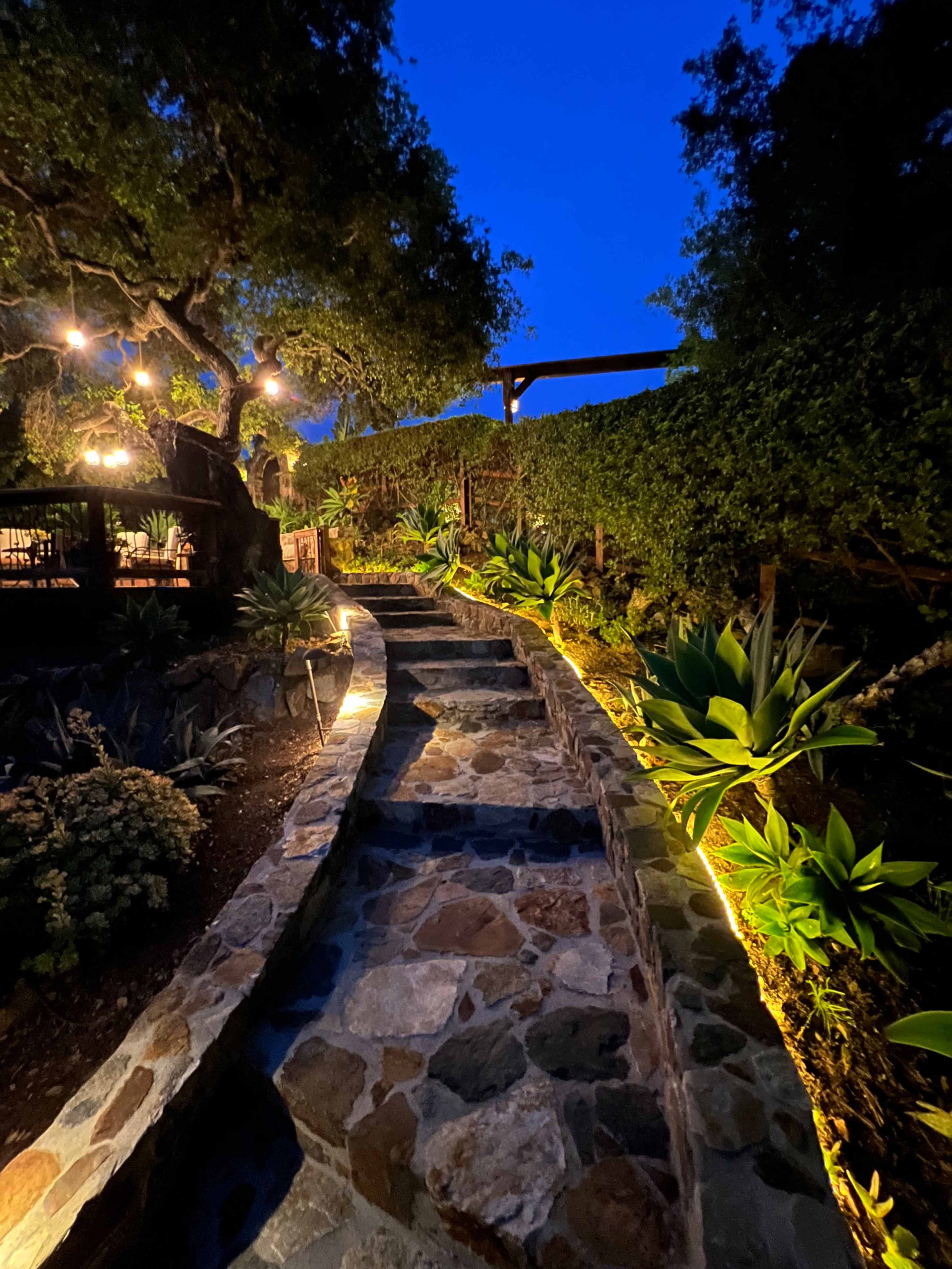 A stone pathway winds upward through a garden illuminated by soft lights against a darkening sky.