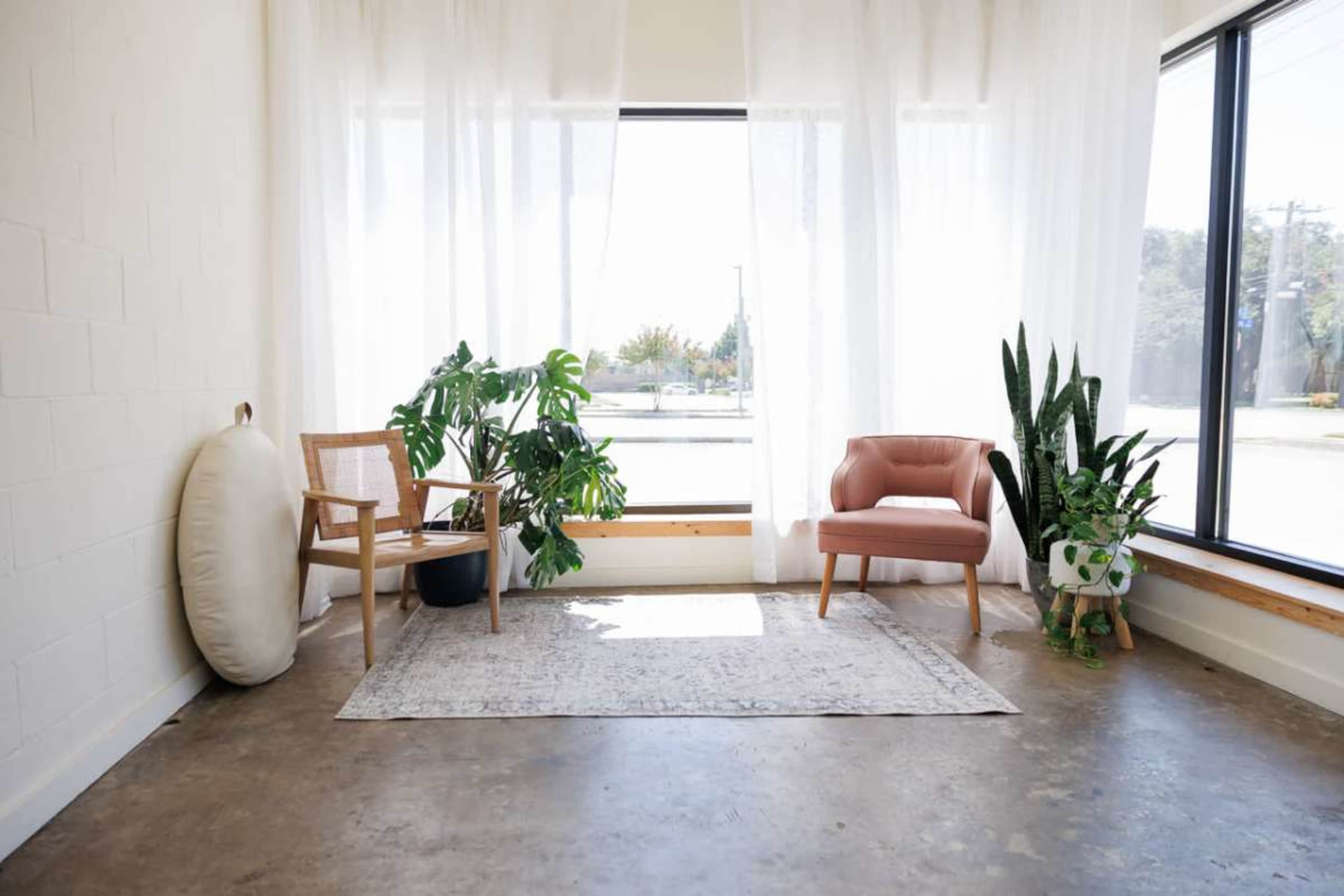The image shows a bright, minimalist interior with a window, a rug on a concrete floor, two chairs, and potted plants.